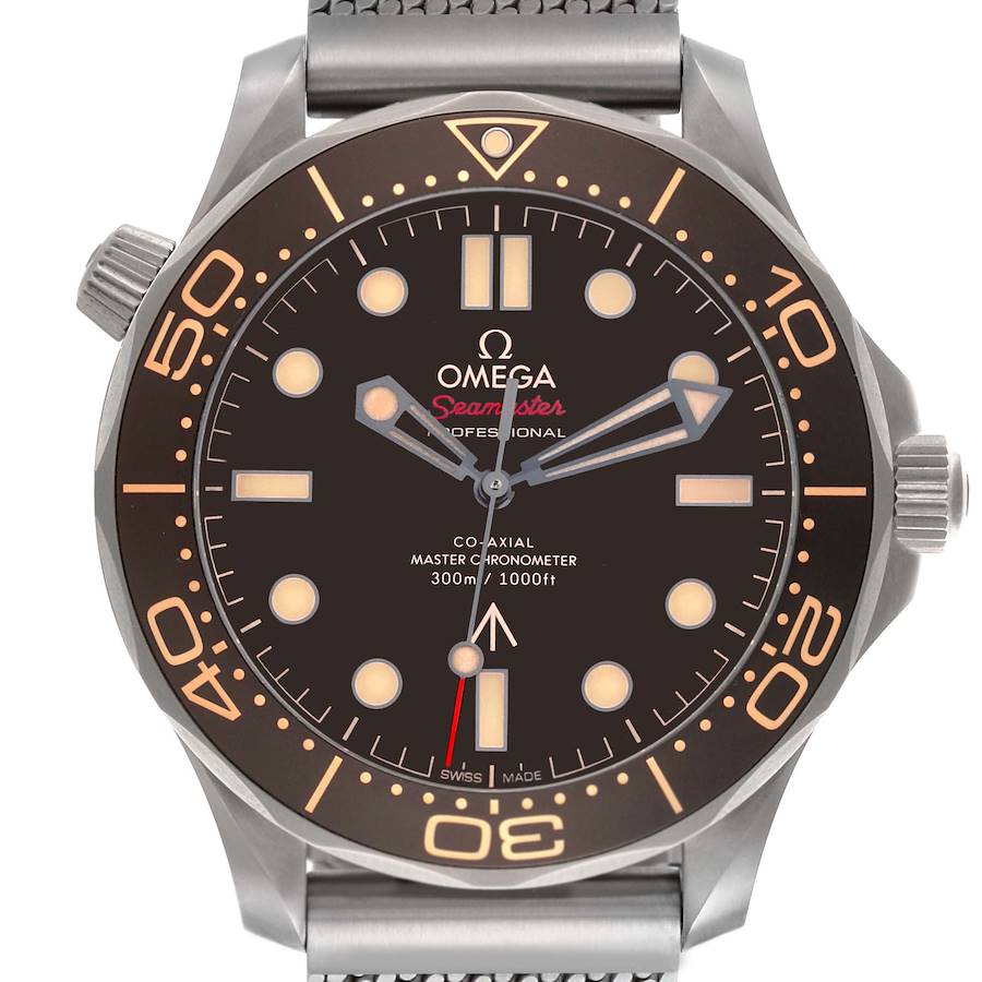 The Omega Seamaster watch is shown from a front angle, highlighting the dial, bezel, and crown.