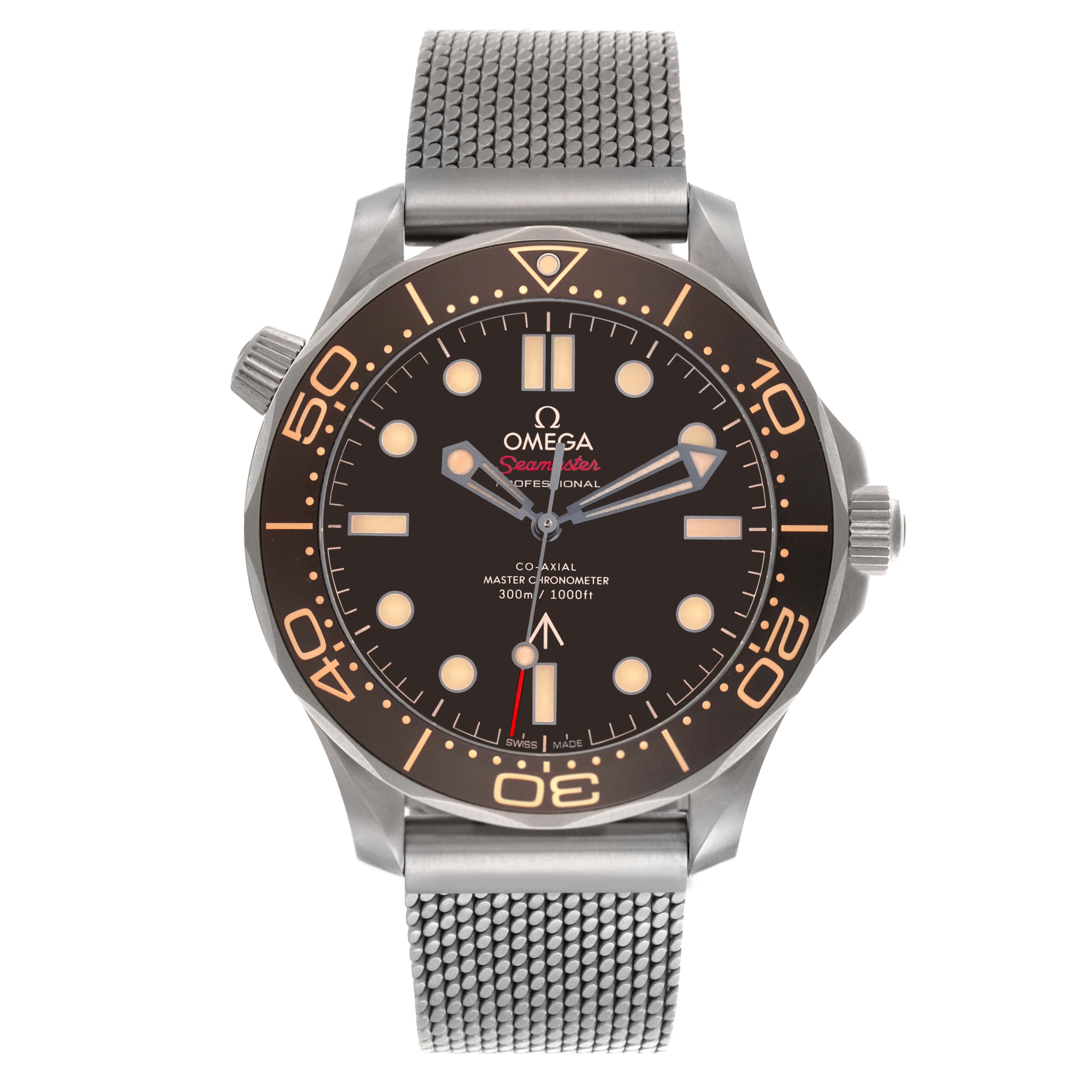 The Omega Seamaster 210.90.42.20.01.001 Men
s Titanium Brown Dial 210.90.42.20.01.001 Men
s Titanium Brown Dial watch is shown from a front angle, displaying its dial, bezel, and mesh strap.