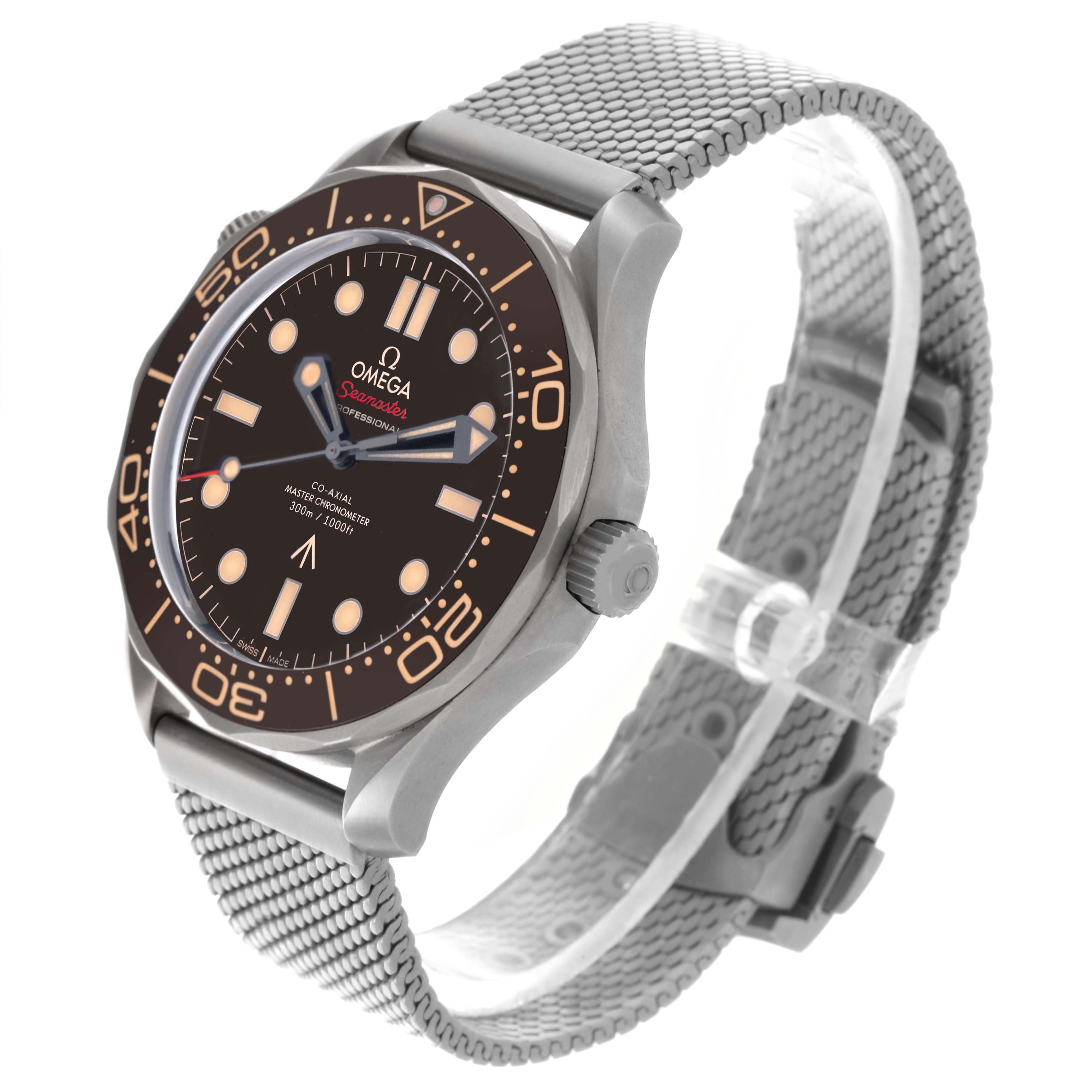 The Omega Seamaster 210.90.42.20.01.001 Men
s Titanium Brown Dial 210.90.42.20.01.001 Men
s Titanium Brown Dial watch is shown at a three-quarter angle, displaying the face, case, bezel, crown, and mesh bracelet.