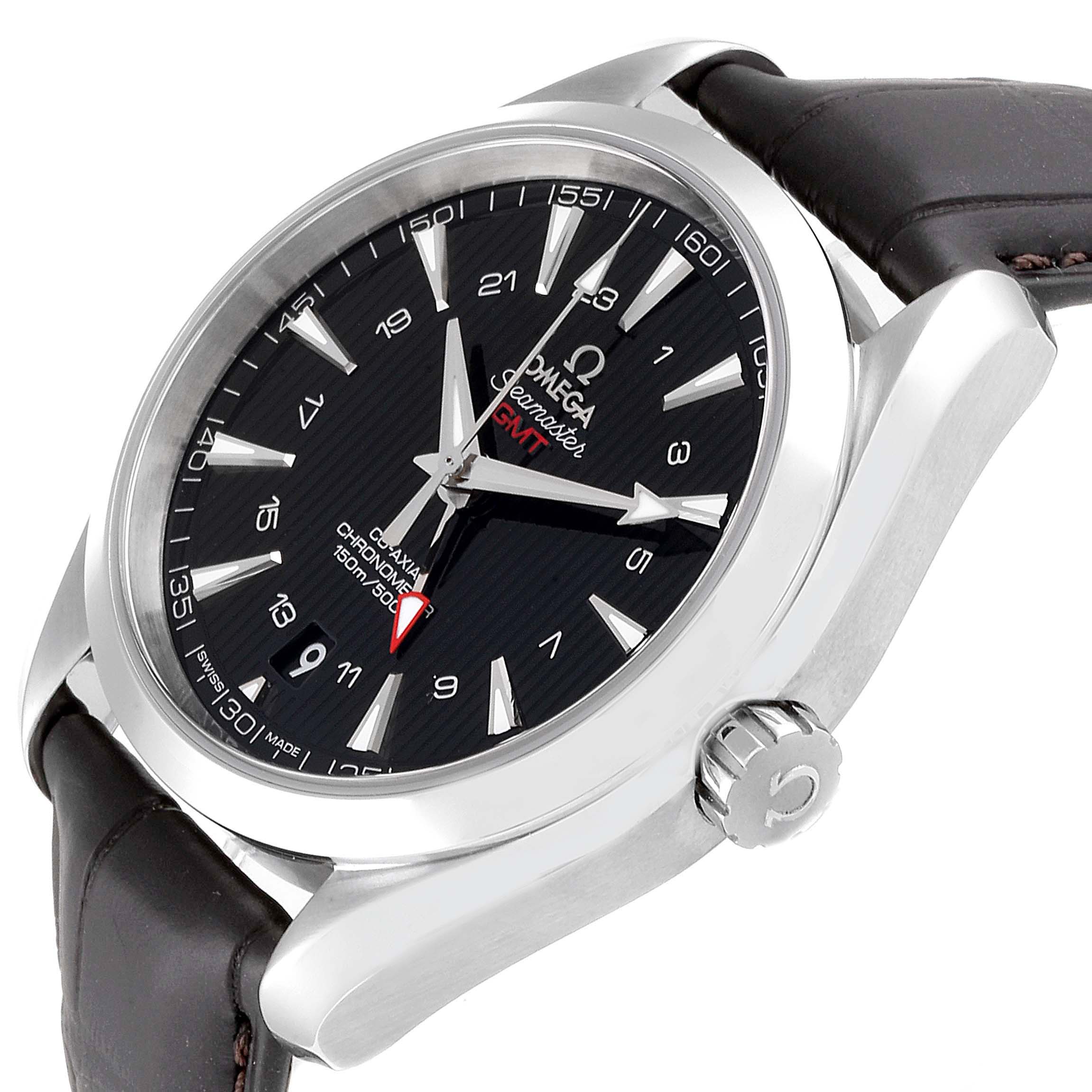 The image shows an angled view of the Omega Aqua Terra 231.13.43.22.01.001 Men's Stainless Steel Black Dial 231.13.43.22.01.001 Men's Stainless Steel Black Dial watch, highlighting the dial, bezel, crown, and leather strap.