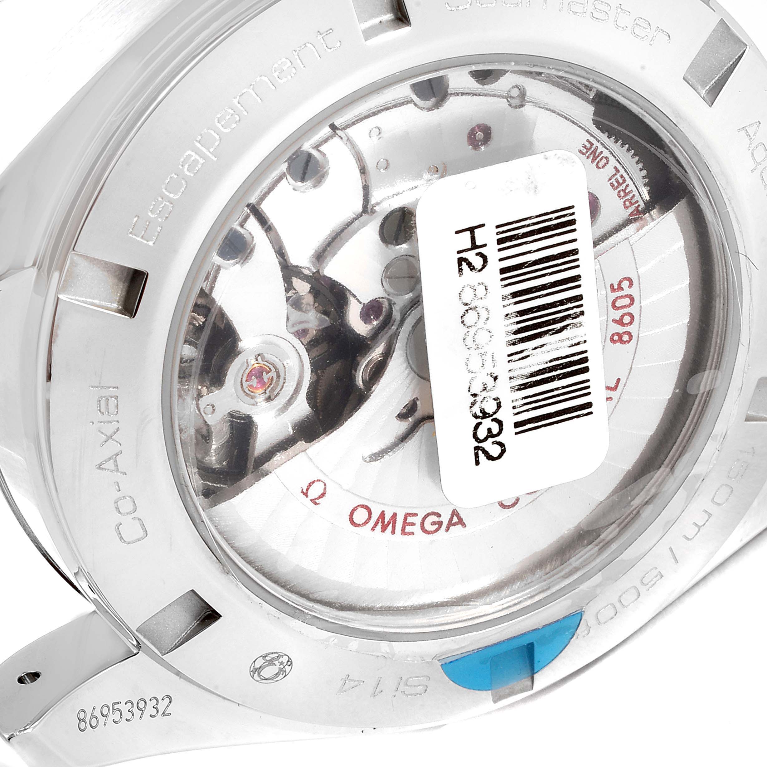 The image shows the rear view of an Omega Aqua Terra 231.13.43.22.01.001 Men's Stainless Steel Black Dial 231.13.43.22.01.001 Men's Stainless Steel Black Dial watch, focusing on its Co-Axial movement and serial numbers.