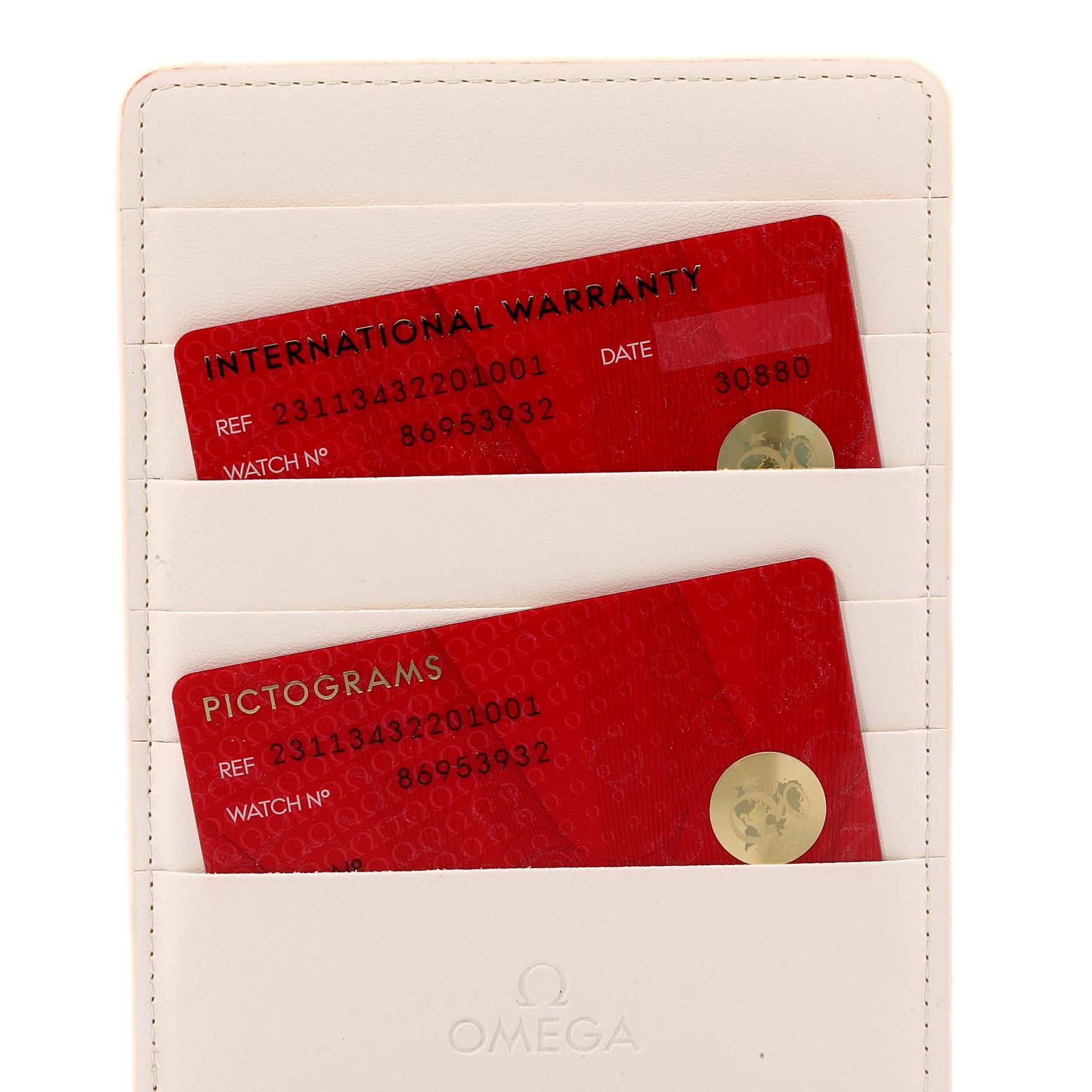 The image shows the warranty and pictograms cards of an Omega Aqua Terra 231.13.43.22.01.001 Men's Stainless Steel Black Dial 231.13.43.22.01.001 Men's Stainless Steel Black Dial watch in a white cardholder.