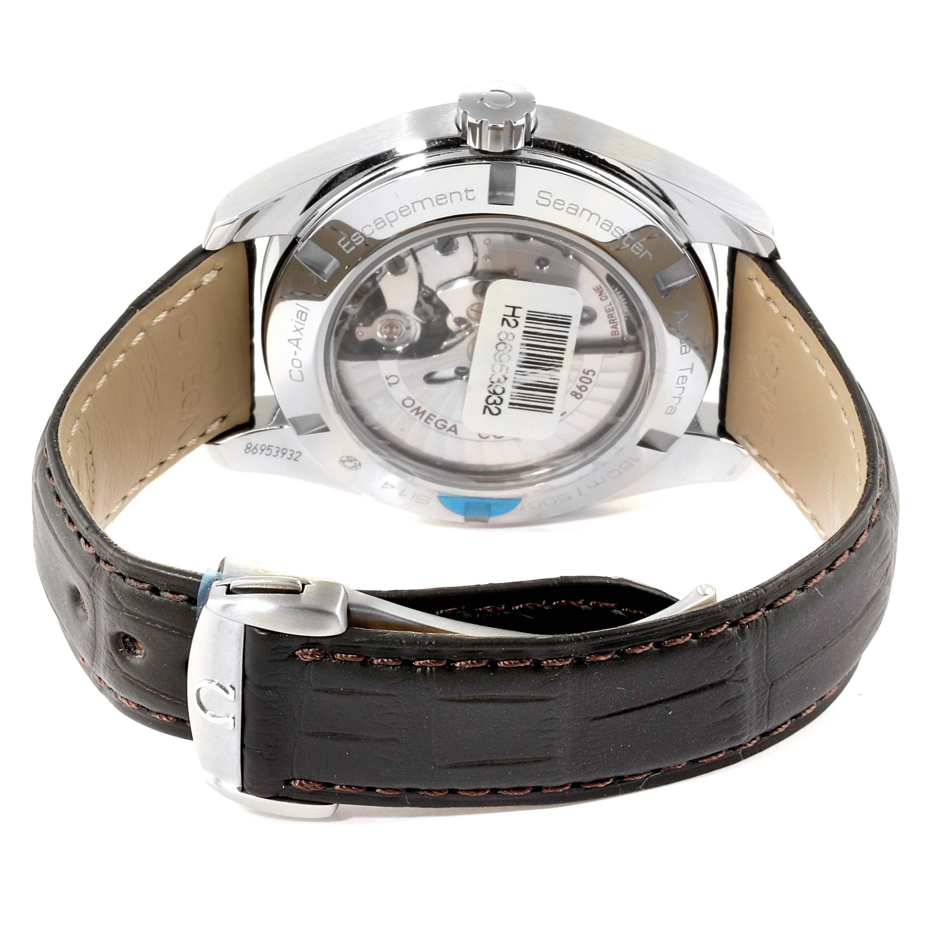 The image shows the back case and leather strap of the Omega Aqua Terra 231.13.43.22.01.001 Men's Stainless Steel Black Dial 231.13.43.22.01.001 Men's Stainless Steel Black Dial watch from a rear angle.