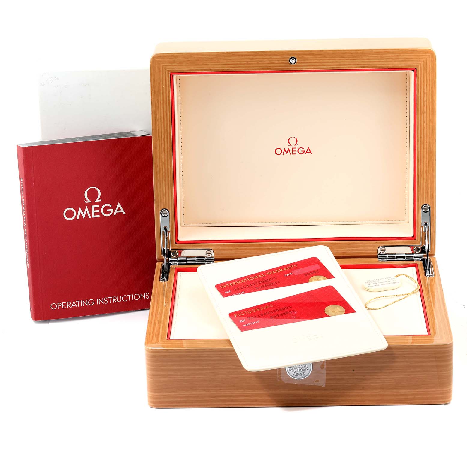 The image shows the opened box of an Omega Aqua Terra 231.13.43.22.01.001 Men's Stainless Steel Black Dial 231.13.43.22.01.001 Men's Stainless Steel Black Dial watch, with operating instructions and warranty cards visible.