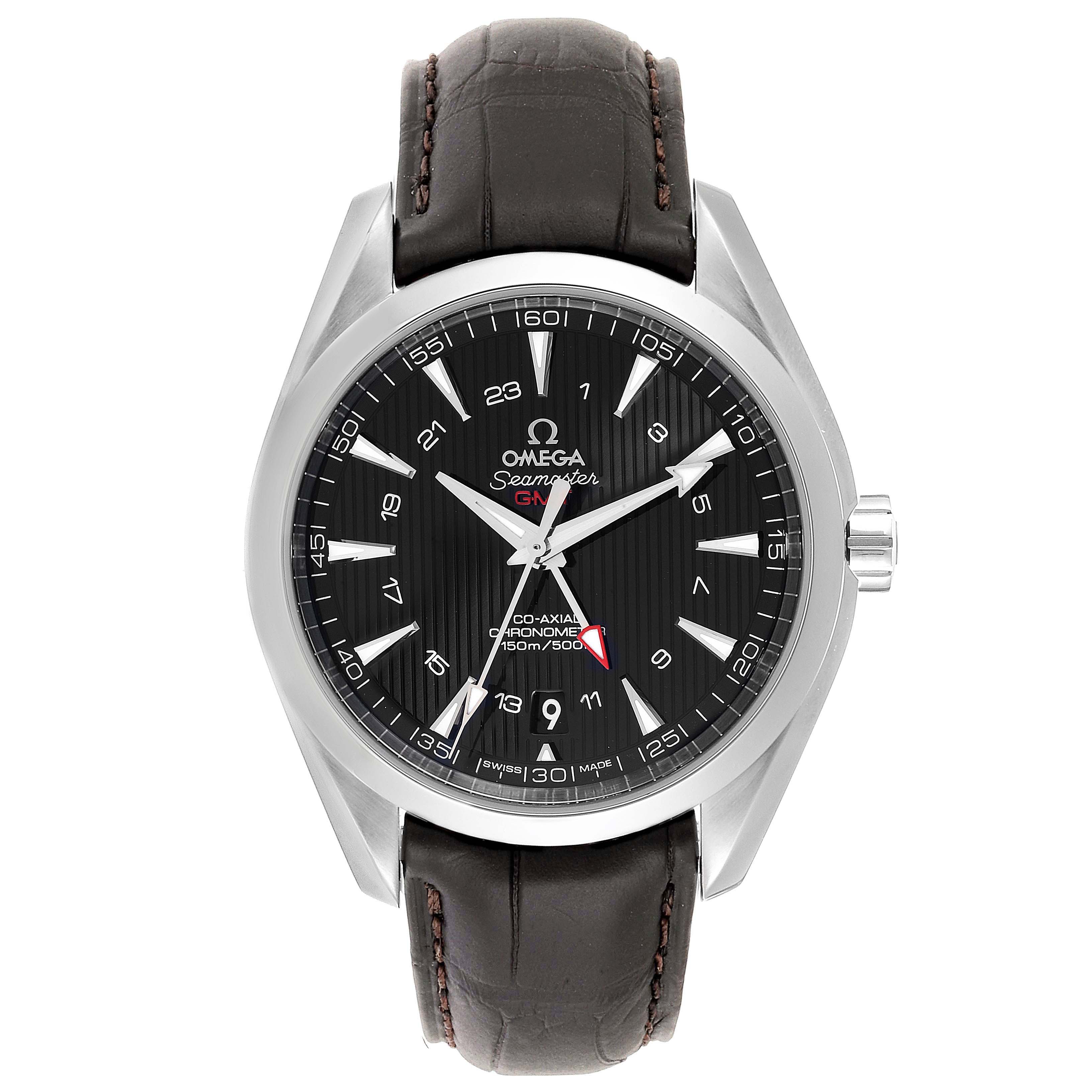 This Omega Seamaster Aqua Terra model is shown from the front, displaying the dial, hands, and leather strap.