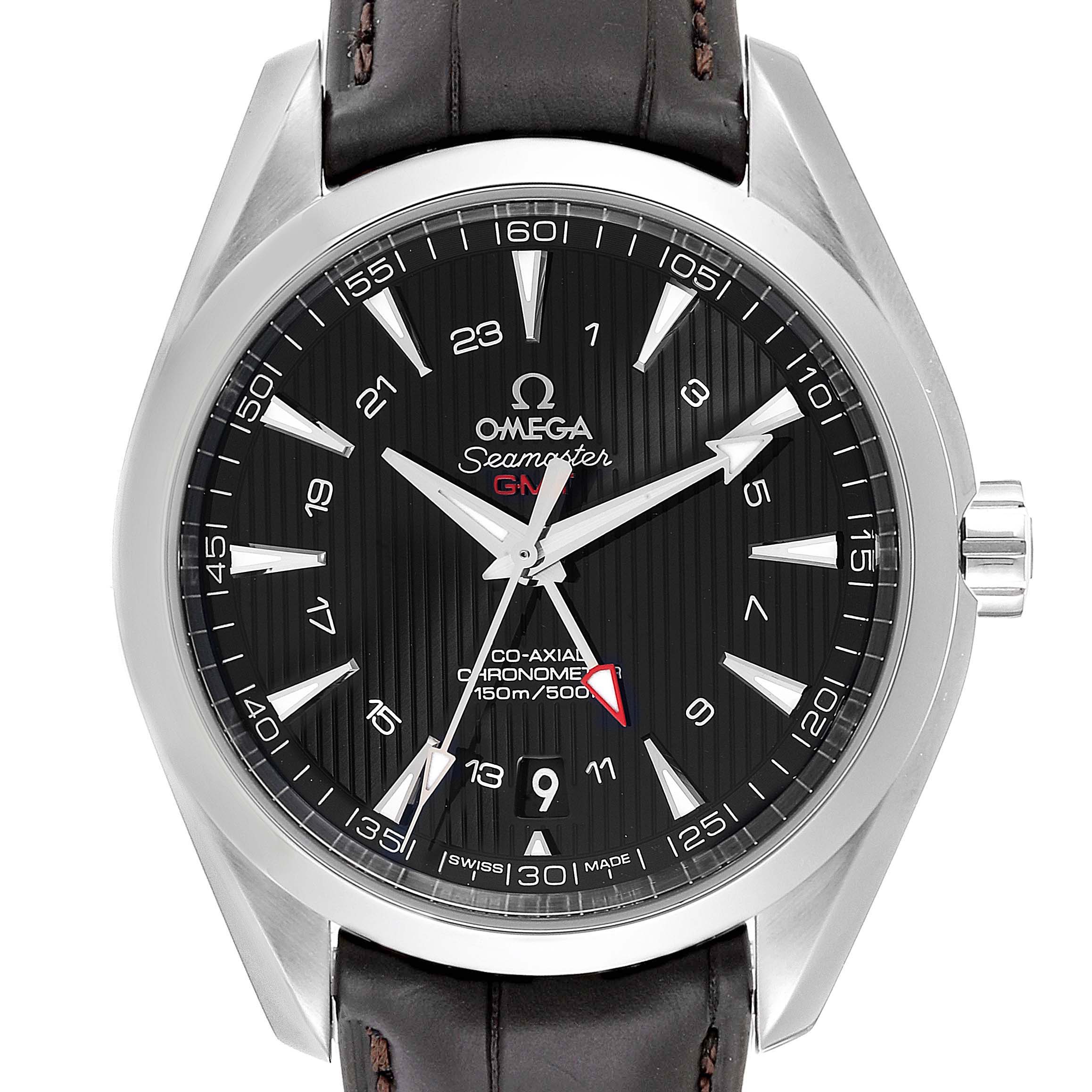 This image shows a front view of the Omega Aqua Terra 231.13.43.22.01.001 Men's Stainless Steel Black Dial 231.13.43.22.01.001 Men's Stainless Steel Black Dial model watch, highlighting the dial, bezel, and part of the leather strap.