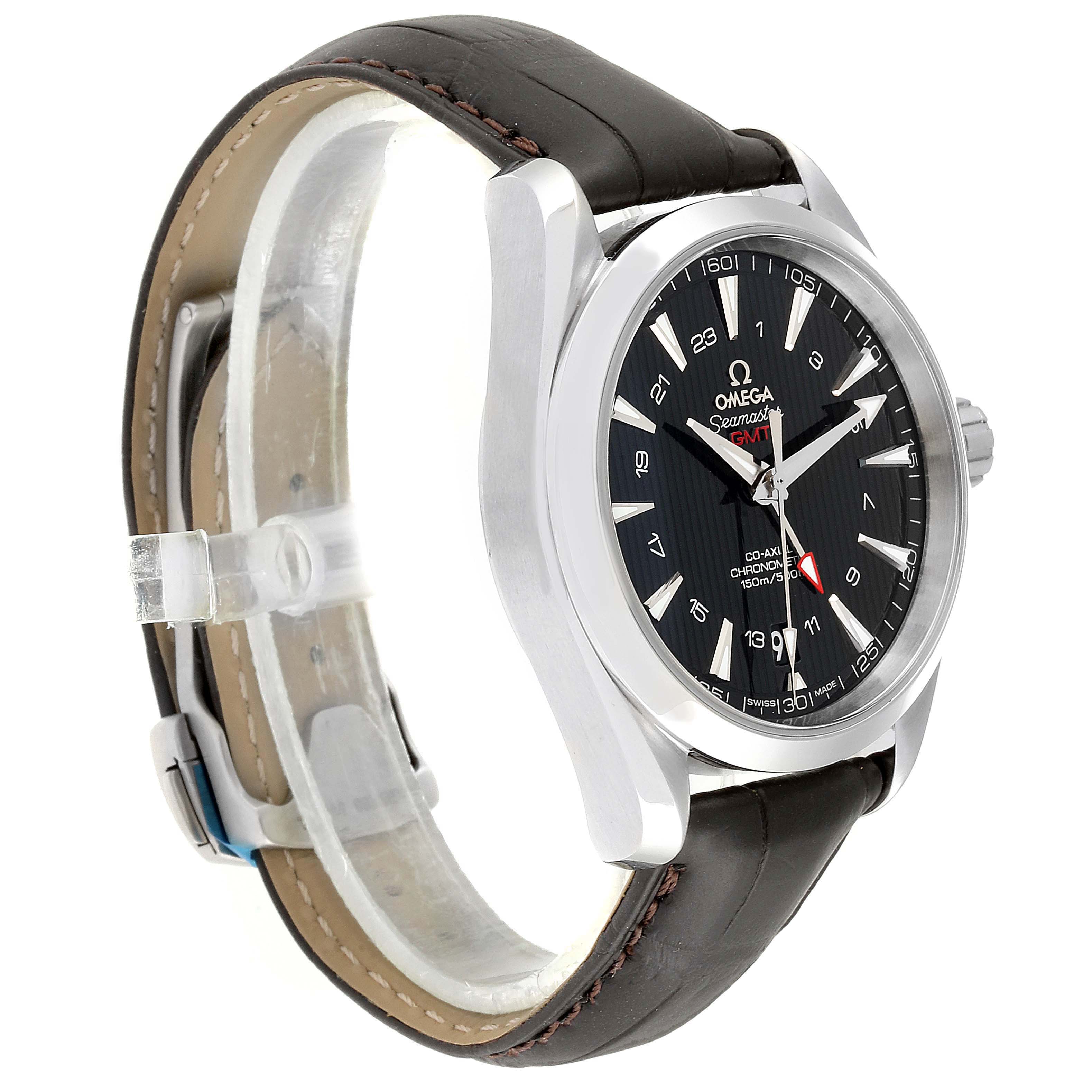 The image shows a side angle of the Omega Aqua Terra 231.13.43.22.01.001 Men's Stainless Steel Black Dial 231.13.43.22.01.001 Men's Stainless Steel Black Dial watch, highlighting its face, case, crown, and leather strap.