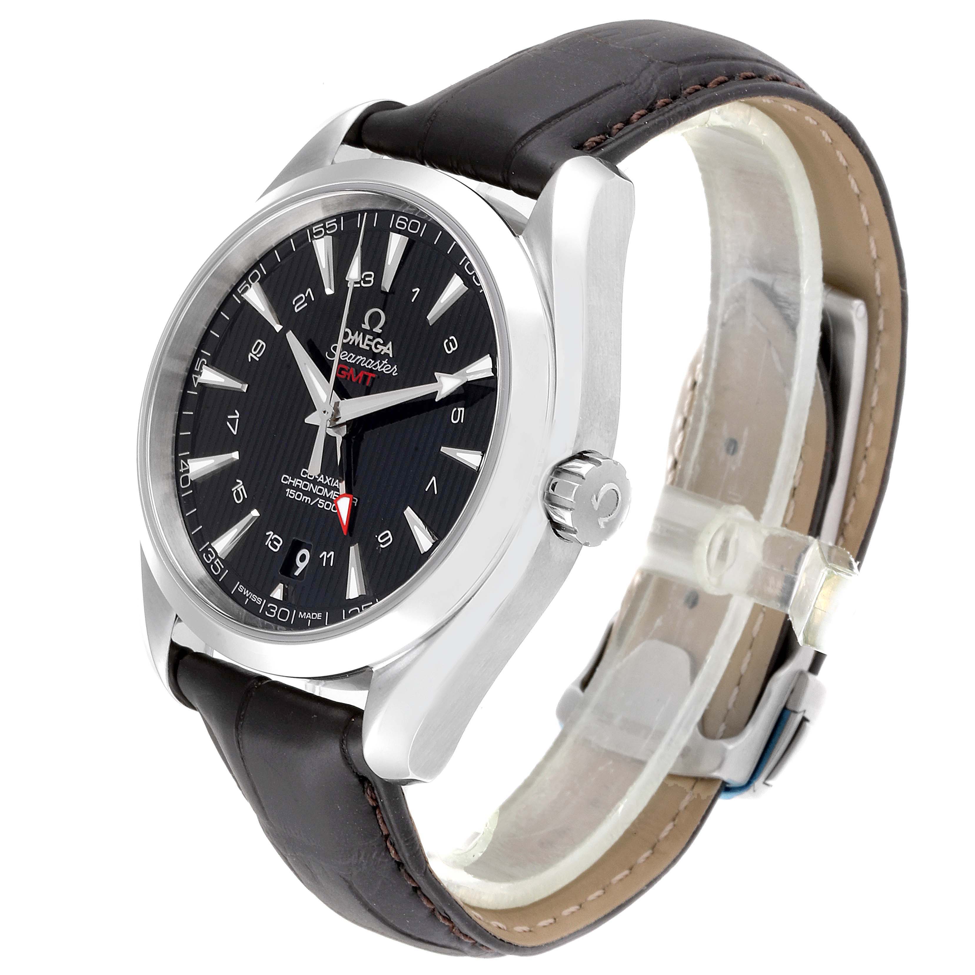 The image shows an Omega Aqua Terra 231.13.43.22.01.001 Men's Stainless Steel Black Dial 231.13.43.22.01.001 Men's Stainless Steel Black Dial watch at an angled front view, highlighting the dial, case, and leather strap.