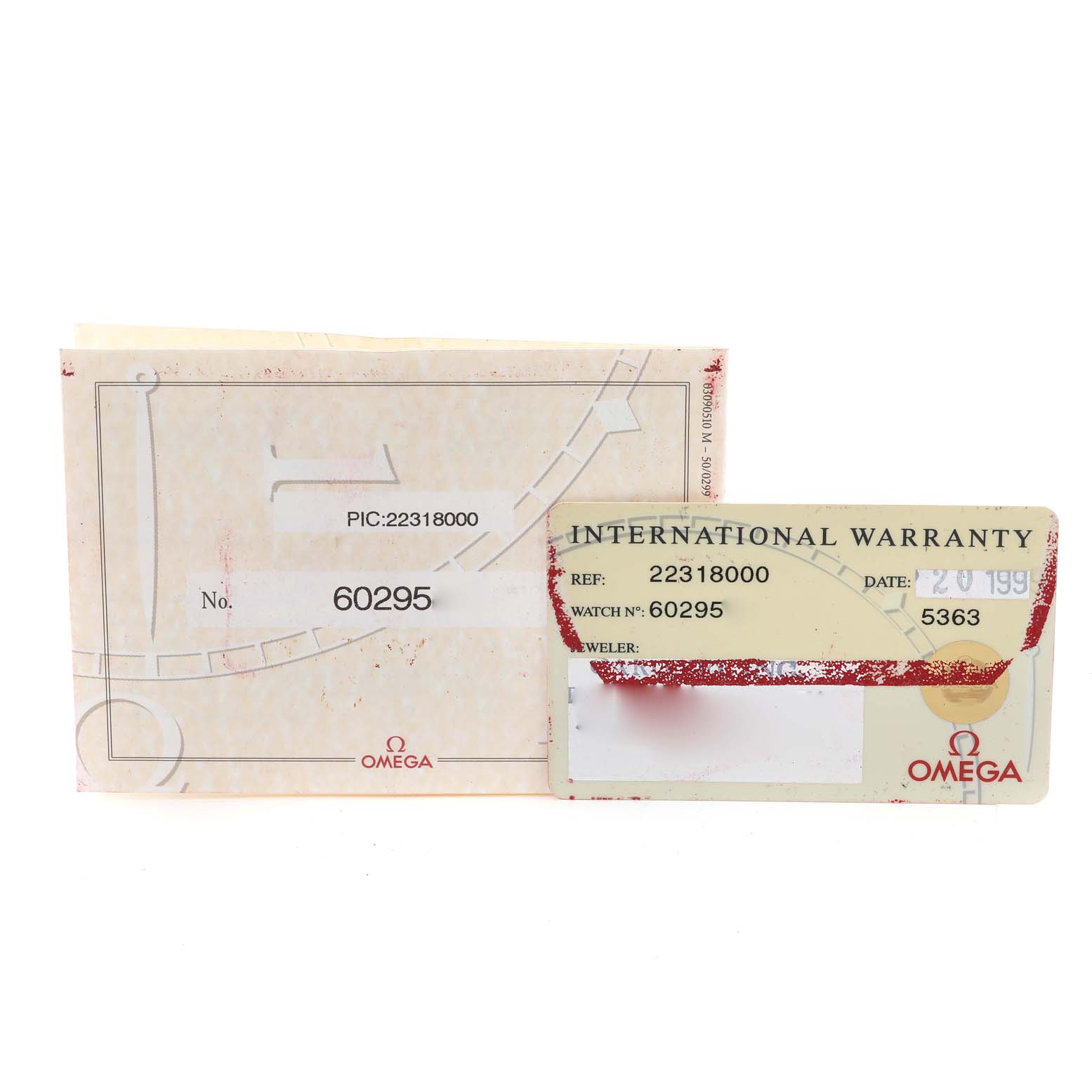 The image displays the International Warranty card and documentation for an Omega Seamaster 2231.80.00 Men's Titanium Blue Dial 2231.80.00 Men's Titanium Blue Dial watch model 22318000.