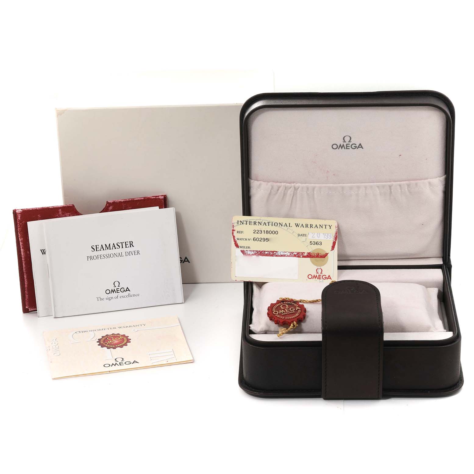 The image shows the Omega Seamaster 2231.80.00 Men's Titanium Blue Dial 2231.80.00 Men's Titanium Blue Dial watch accessories, including a box, warranty card, manual, and other documents.