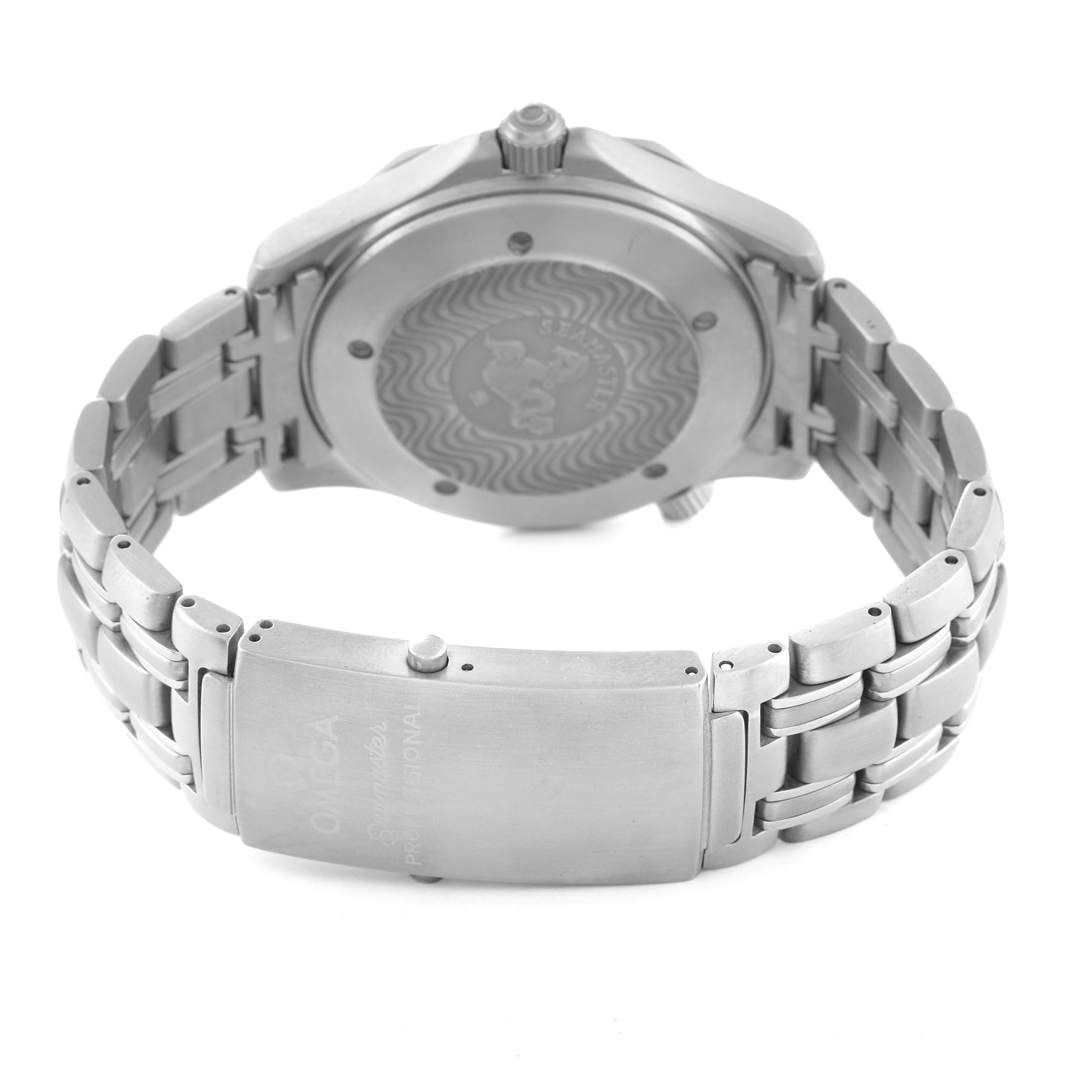 This image shows the back case and bracelet of an Omega Seamaster 2231.80.00 Men's Titanium Blue Dial 2231.80.00 Men's Titanium Blue Dial watch, highlighting the clasp and caseback design.