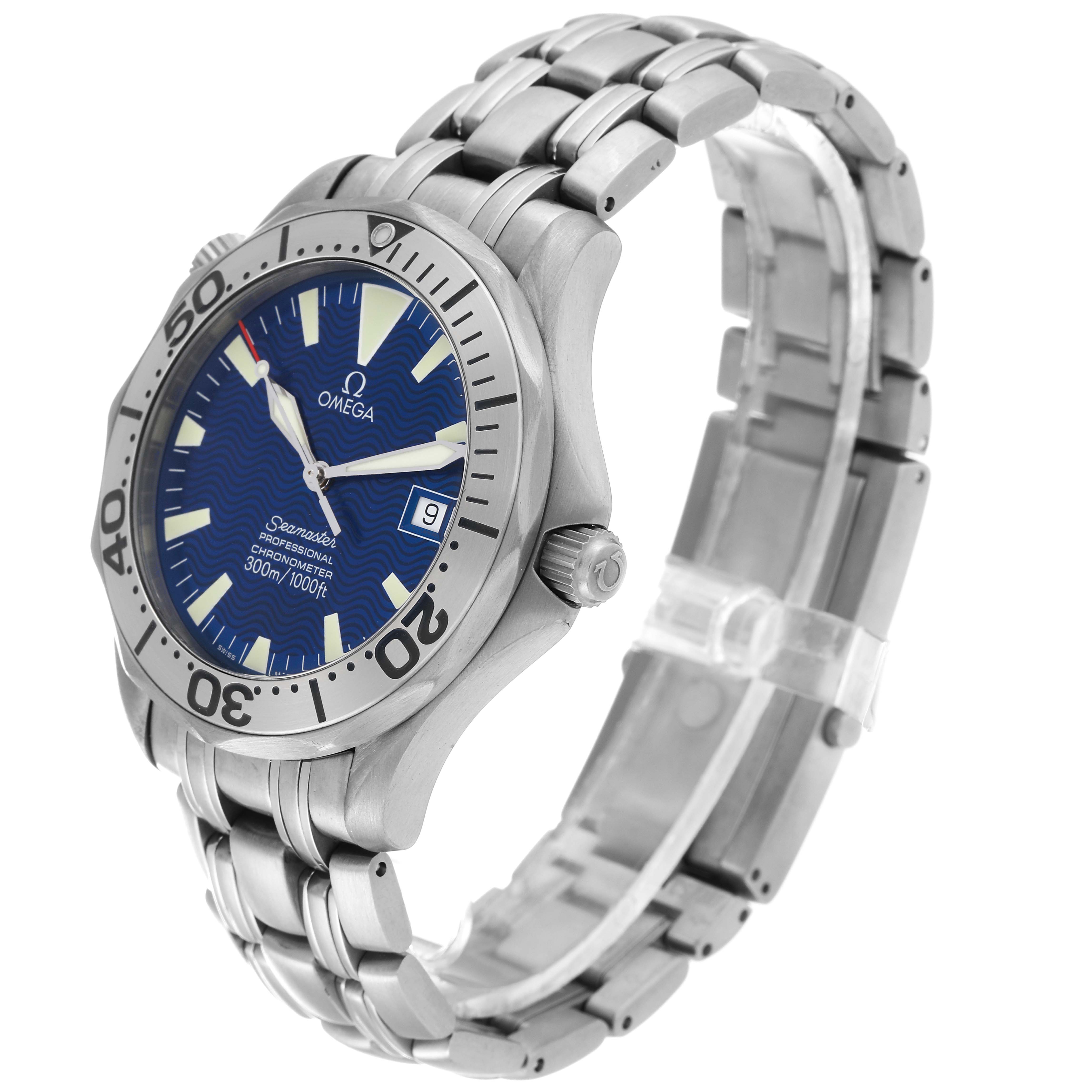The Omega Seamaster 2231.80.00 Men's Titanium Blue Dial 2231.80.00 Men's Titanium Blue Dial watch is shown at an angled side view, highlighting the face, bezel, crown, and stainless steel bracelet.