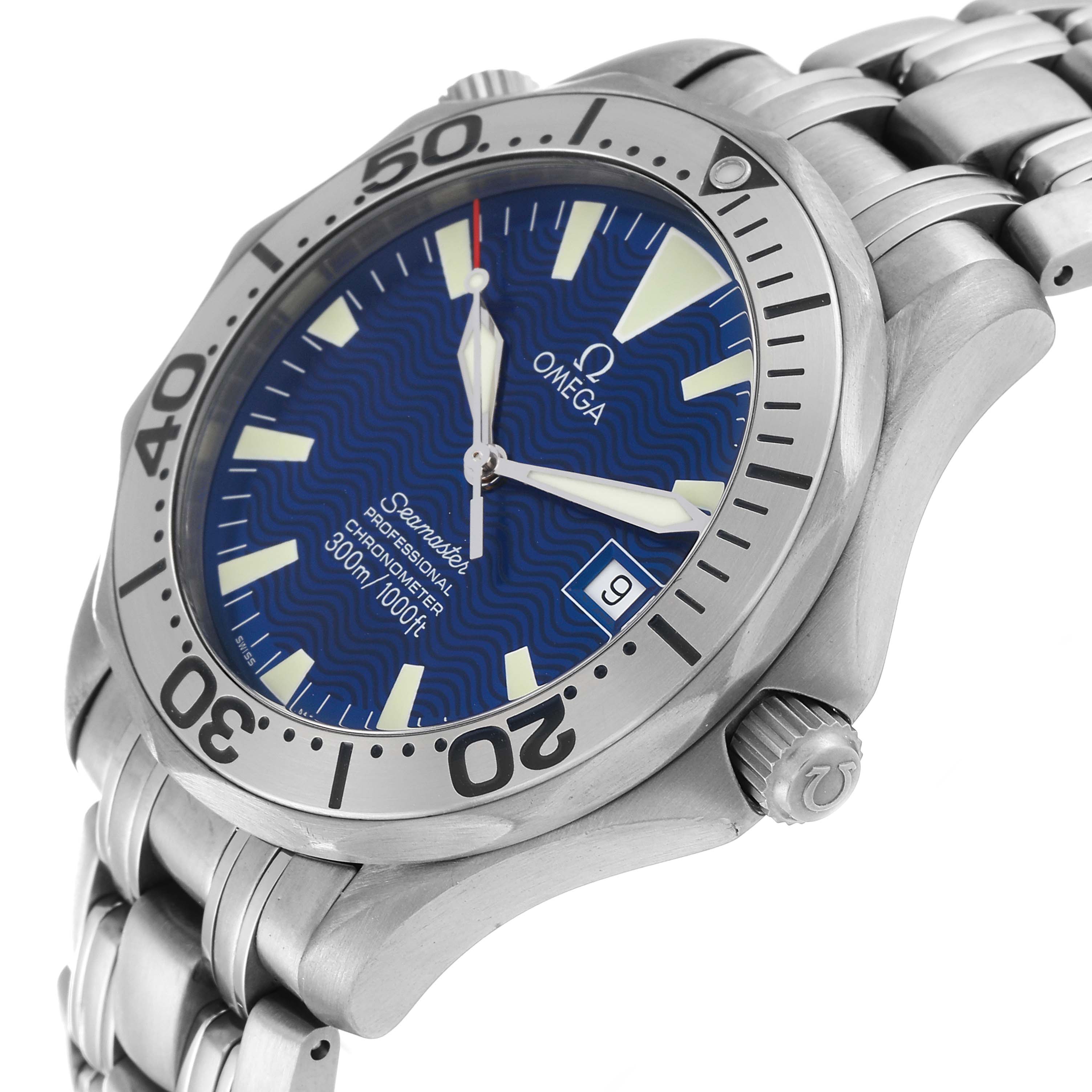 The image shows an angled view of the Omega Seamaster 2231.80.00 Men's Titanium Blue Dial 2231.80.00 Men's Titanium Blue Dial watch displaying its dial, bezel, crown, and part of the bracelet.