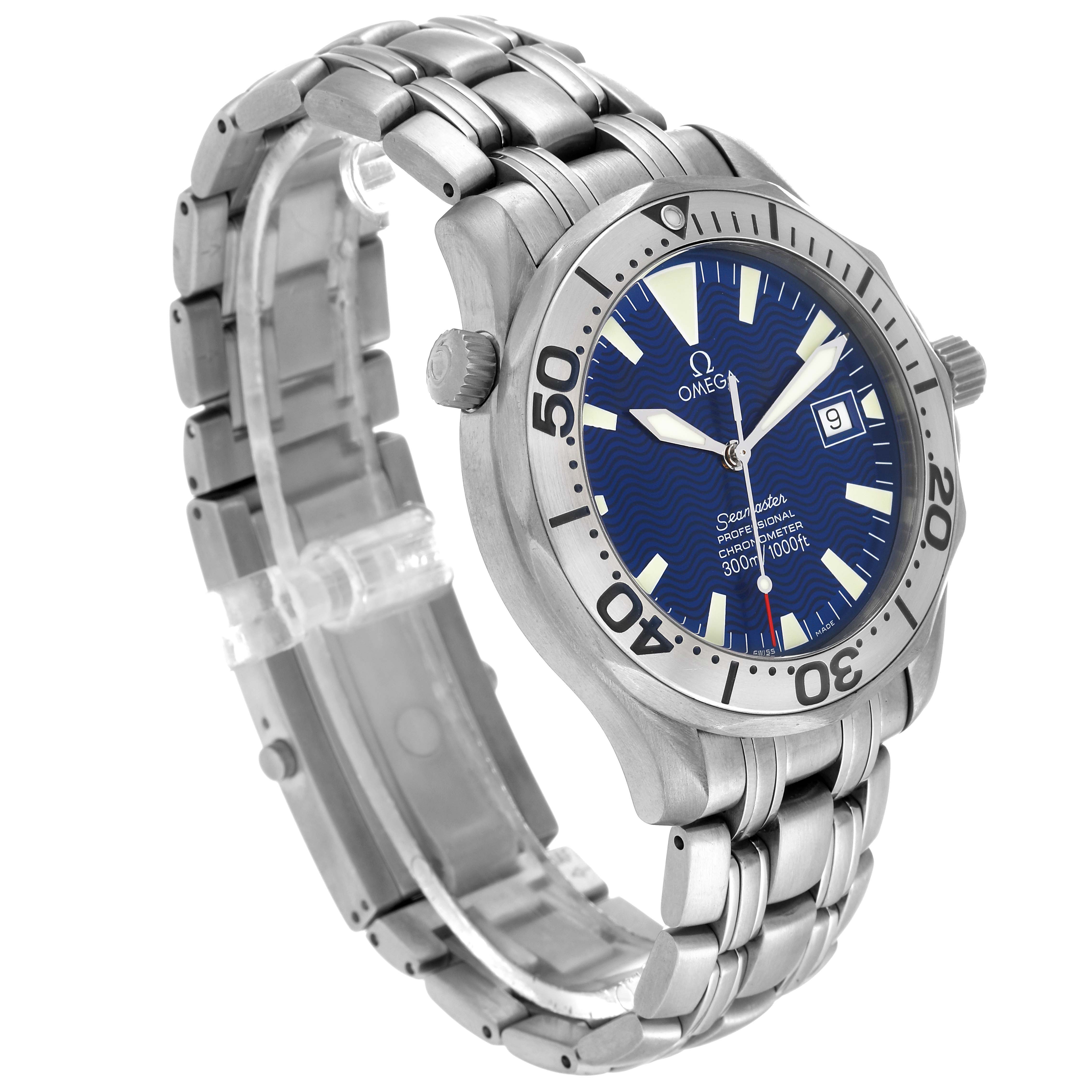 The Omega Seamaster 2231.80.00 Men's Titanium Blue Dial 2231.80.00 Men's Titanium Blue Dial watch is shown at a three-quarter angle, displaying the watch face, bezel, crown, and bracelet.