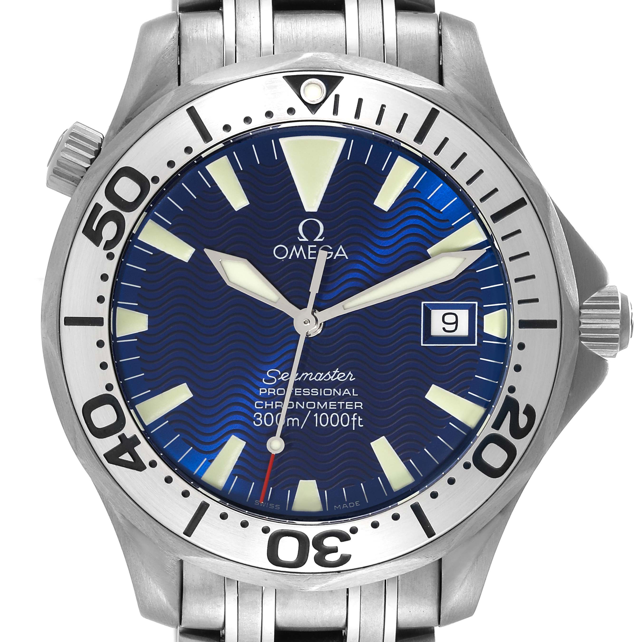 The image shows a front view of an Omega Seamaster 2231.80.00 Men's Titanium Blue Dial 2231.80.00 Men's Titanium Blue Dial watch, highlighting the dial, bezel, and a metal bracelet.