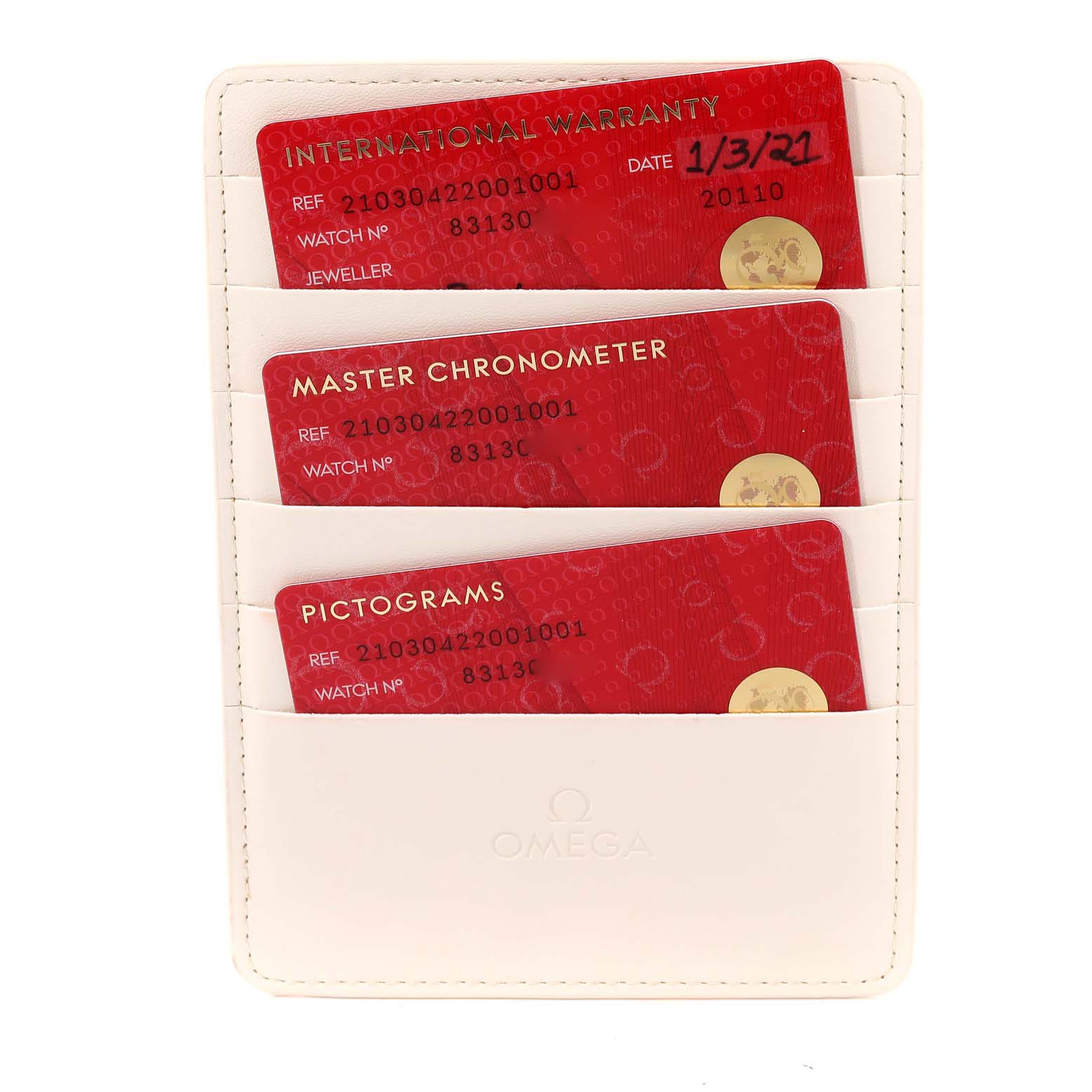 The image shows the warranty and certification cards for an Omega Seamaster 210.30.42.20.01.001 Men's Stainless Steel Black Dial 210.30.42.20.01.001 Men's Stainless Steel Black Dial watch stored in a white cardholder.