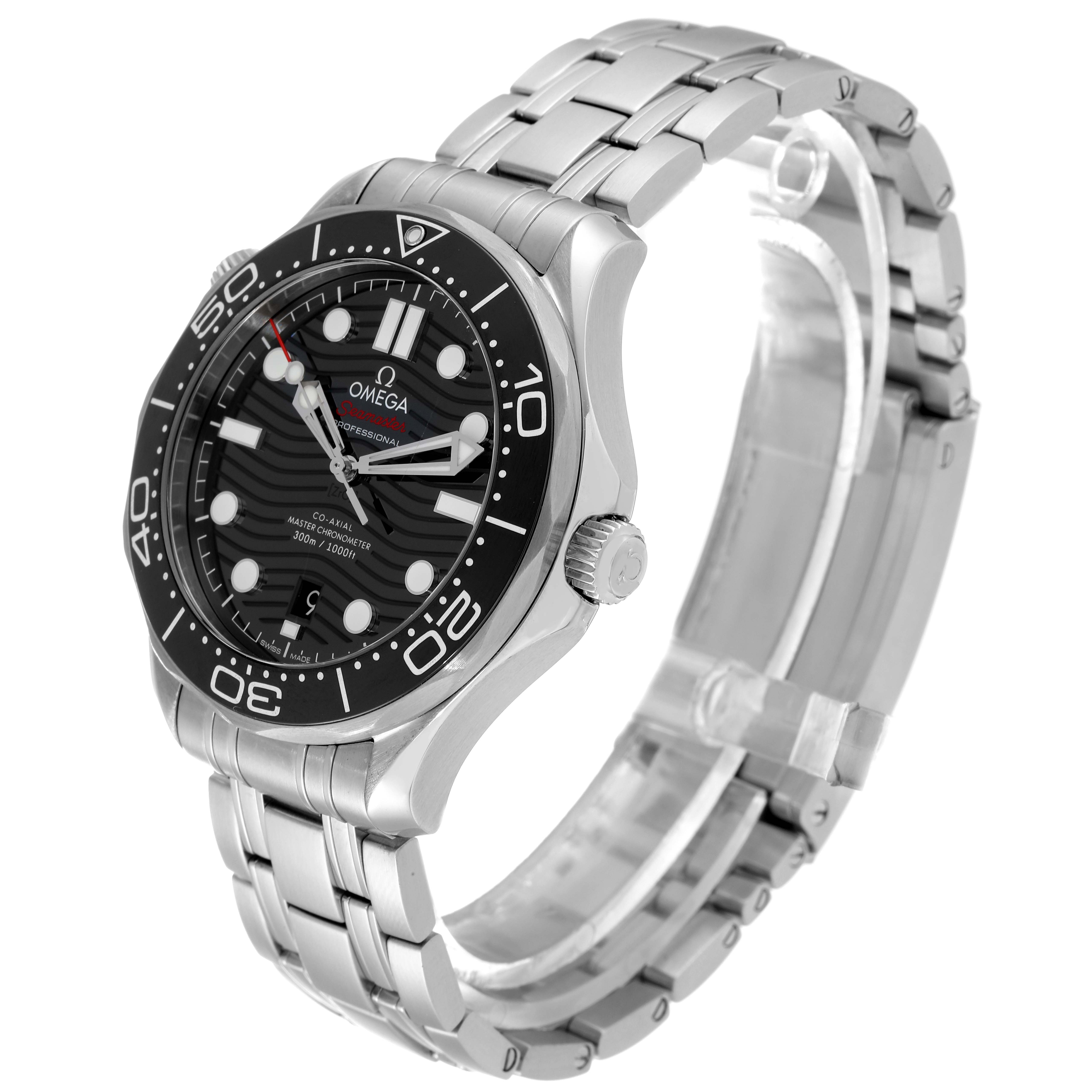 The image shows a side view of the Omega Seamaster 210.30.42.20.01.001 Men's Stainless Steel Black Dial 210.30.42.20.01.001 Men's Stainless Steel Black Dial watch, highlighting its face, bezel, and stainless steel bracelet.