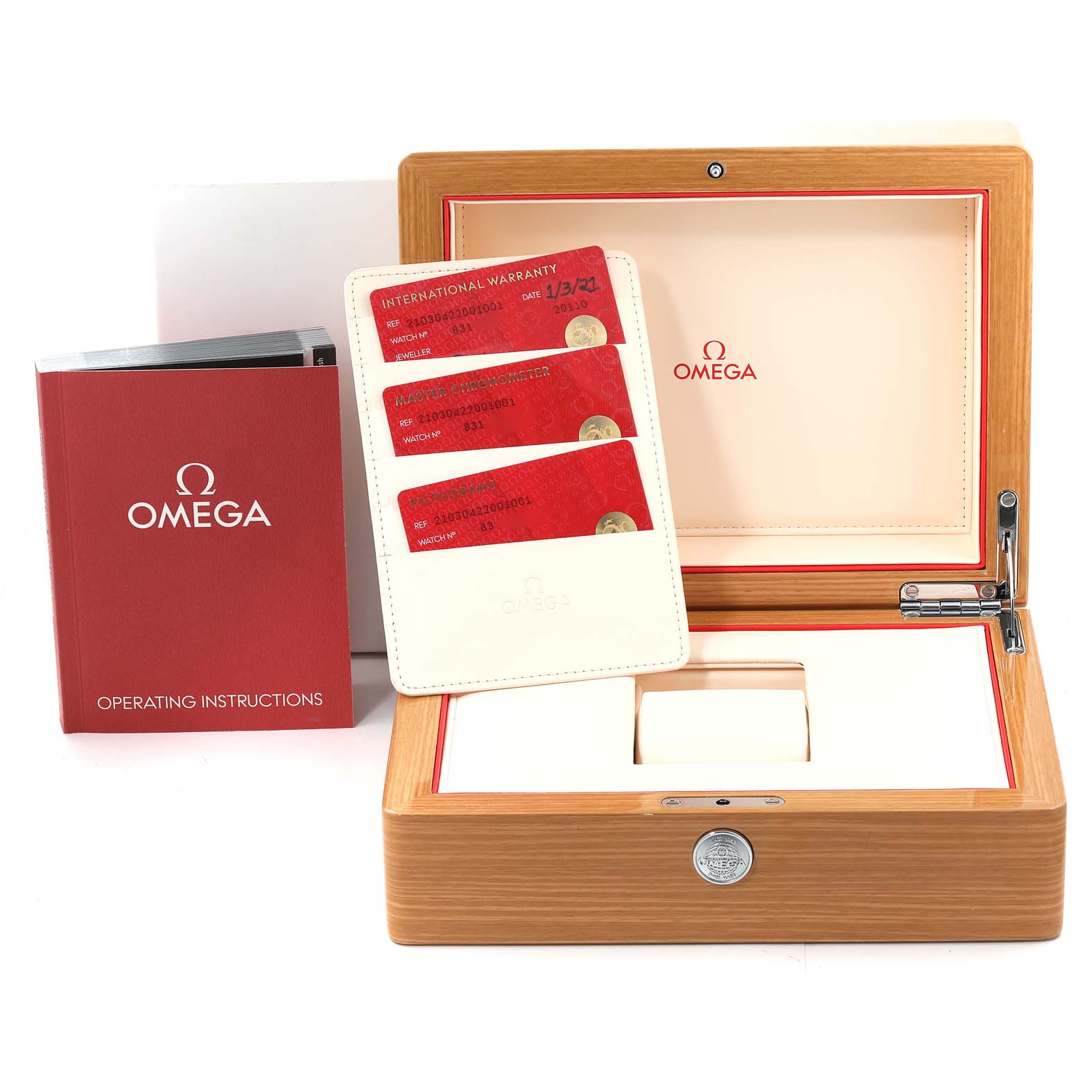 The image shows the box, warranty cards, and operating instructions for the Omega Seamaster 210.30.42.20.01.001 Men's Stainless Steel Black Dial 210.30.42.20.01.001 Men's Stainless Steel Black Dial watch.