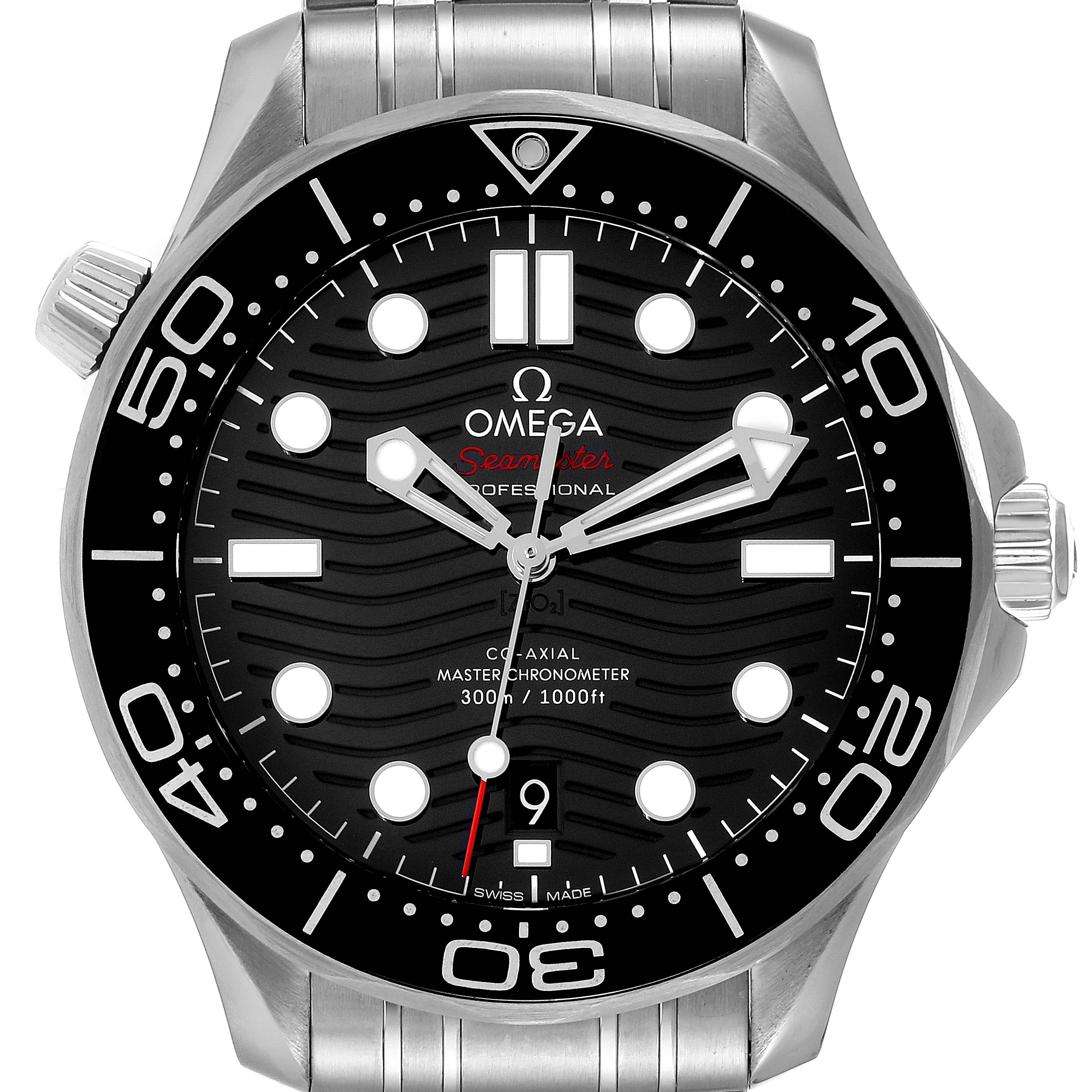 This image shows a front view of an Omega Seamaster 210.30.42.20.01.001 Men's Stainless Steel Black Dial 210.30.42.20.01.001 Men's Stainless Steel Black Dial watch, highlighting the face, bezel, and part of the bracelet.