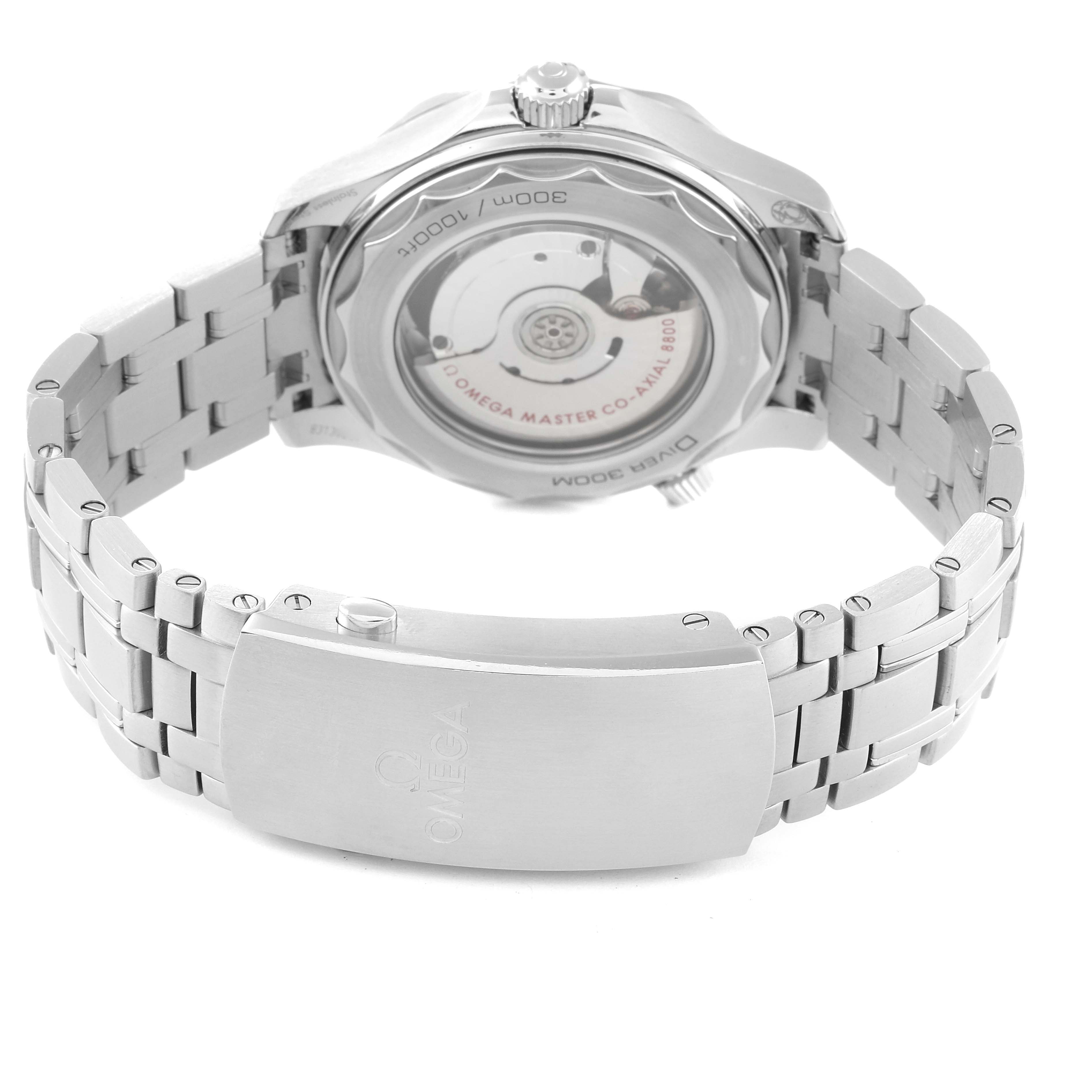 The Omega Seamaster 210.30.42.20.01.001 Men's Stainless Steel Black Dial 210.30.42.20.01.001 Men's Stainless Steel Black Dial model is shown from the back, displaying its clasp, bracelet, and transparent case back revealing the movement.