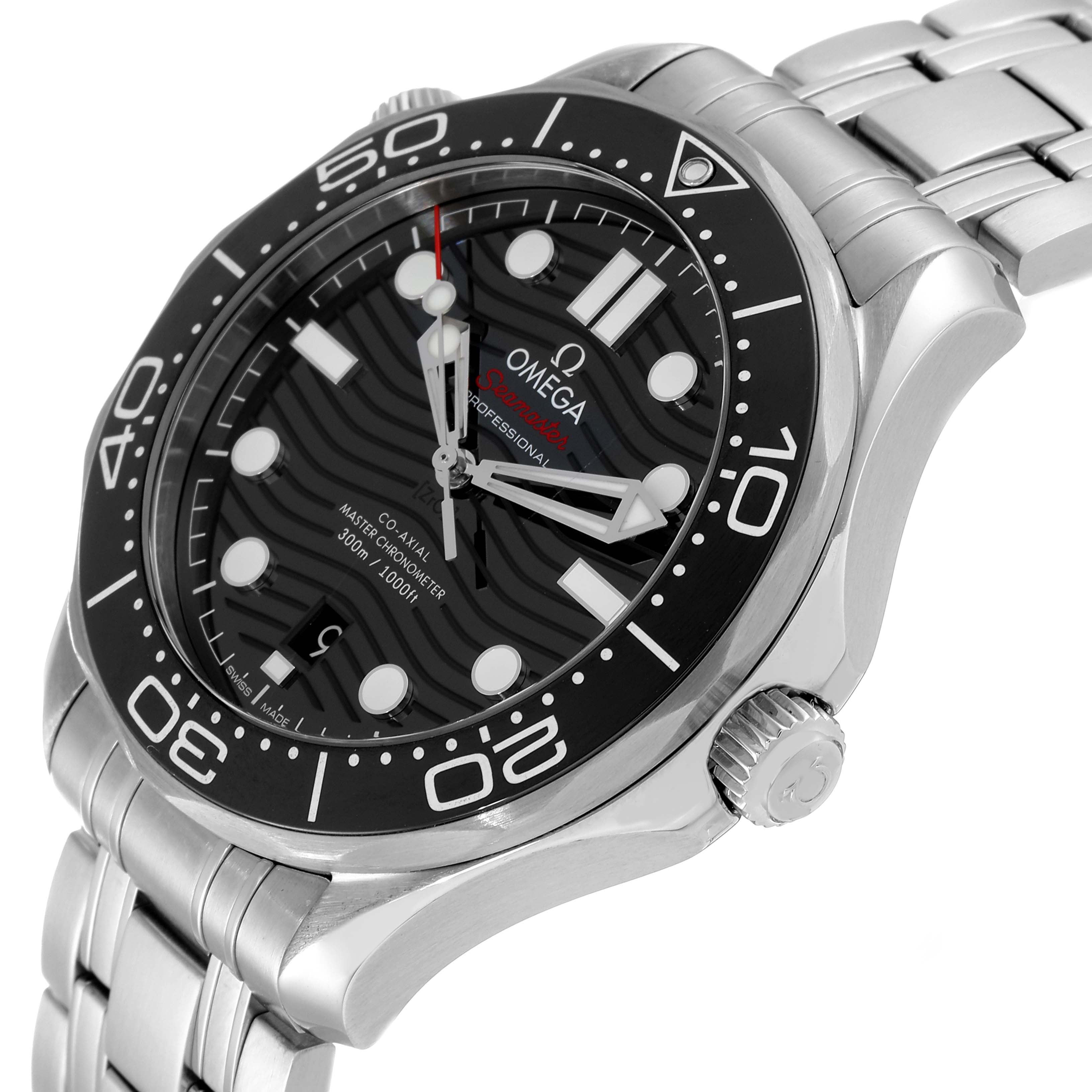 The Omega Seamaster 210.30.42.20.01.001 Men's Stainless Steel Black Dial 210.30.42.20.01.001 Men's Stainless Steel Black Dial watch is shown at an angle highlighting the bezel, dial, crown, and stainless steel bracelet.