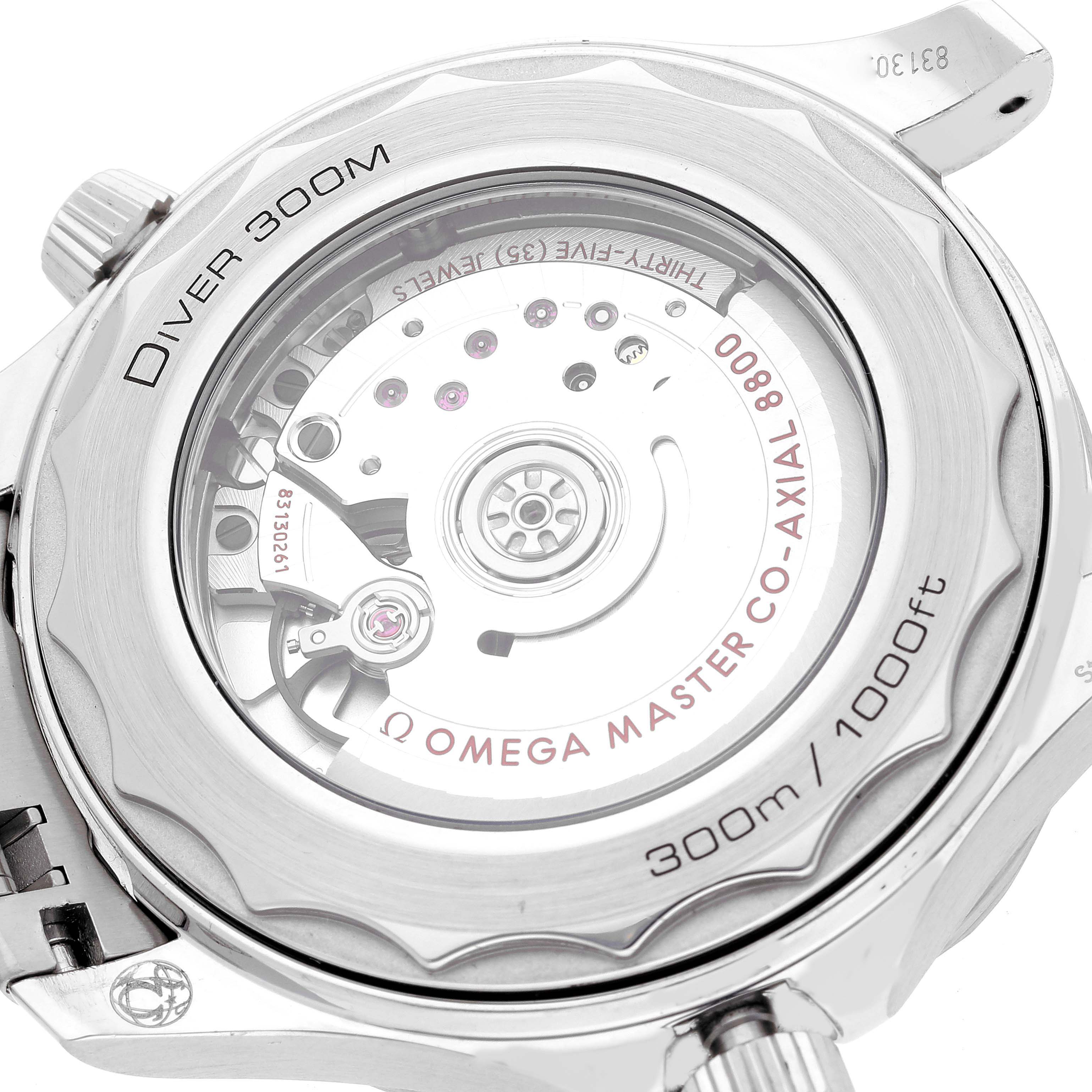 The image shows the back view of the Omega Seamaster 210.30.42.20.01.001 Men's Stainless Steel Black Dial 210.30.42.20.01.001 Men's Stainless Steel Black Dial Diver 300M, highlighting its co-axial 8800 movement.