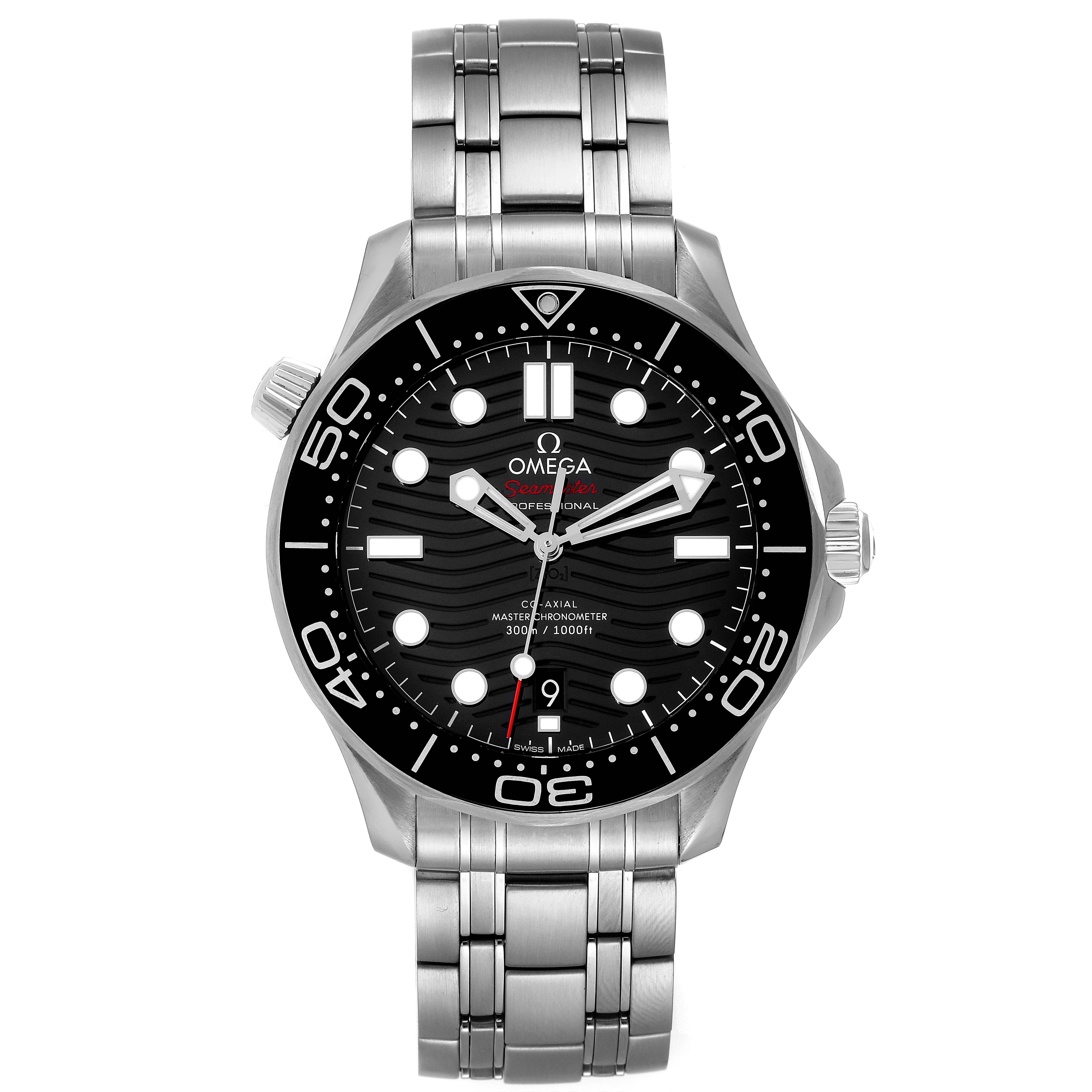 The image shows a front view of the Omega Seamaster 210.30.42.20.01.001 Men's Stainless Steel Black Dial 210.30.42.20.01.001 Men's Stainless Steel Black Dial watch, highlighting its dial, bezel, and metal bracelet.