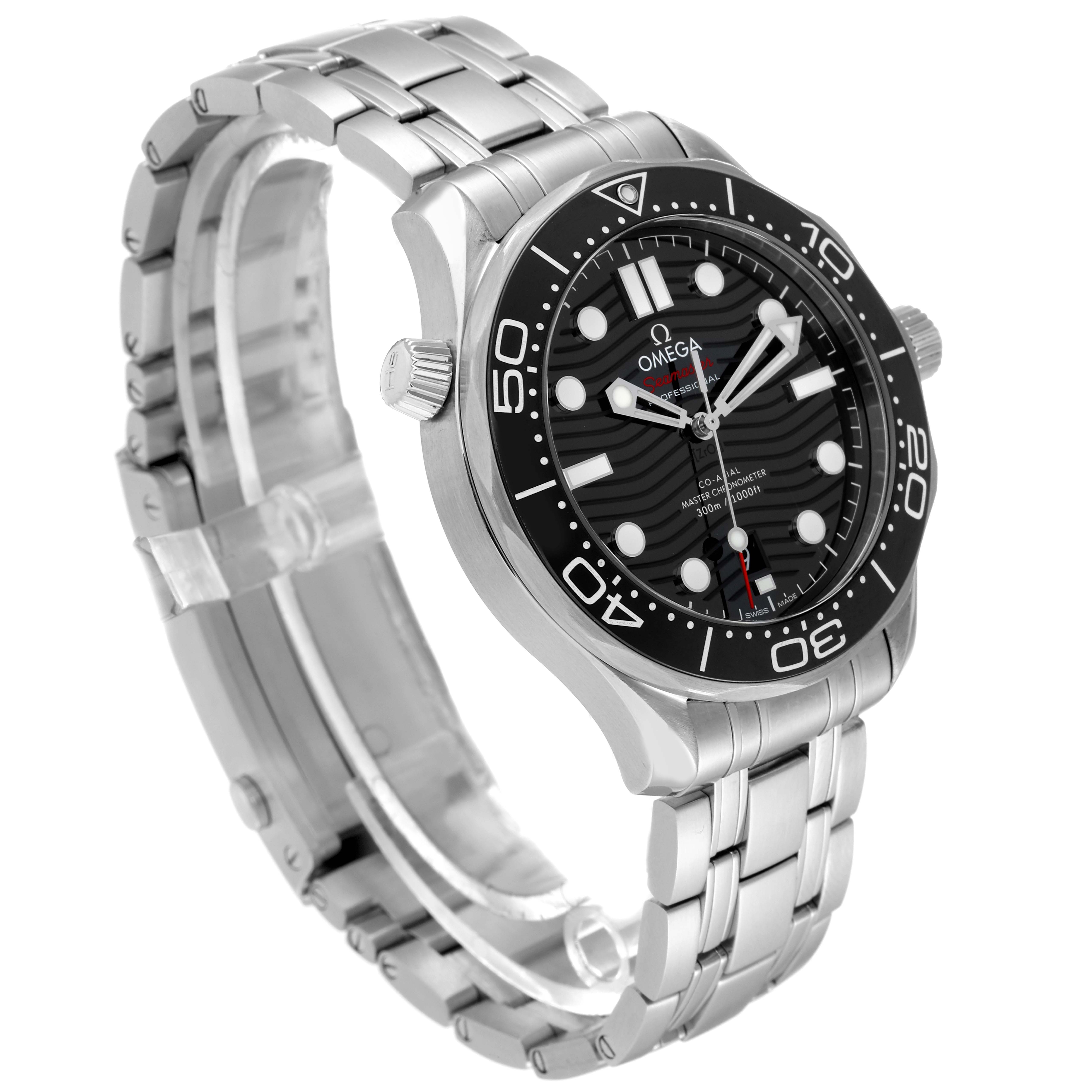 The Omega Seamaster 210.30.42.20.01.001 Men's Stainless Steel Black Dial 210.30.42.20.01.001 Men's Stainless Steel Black Dial model is shown at a three-quarter angle, displaying the face, bezel, crown, and bracelet.