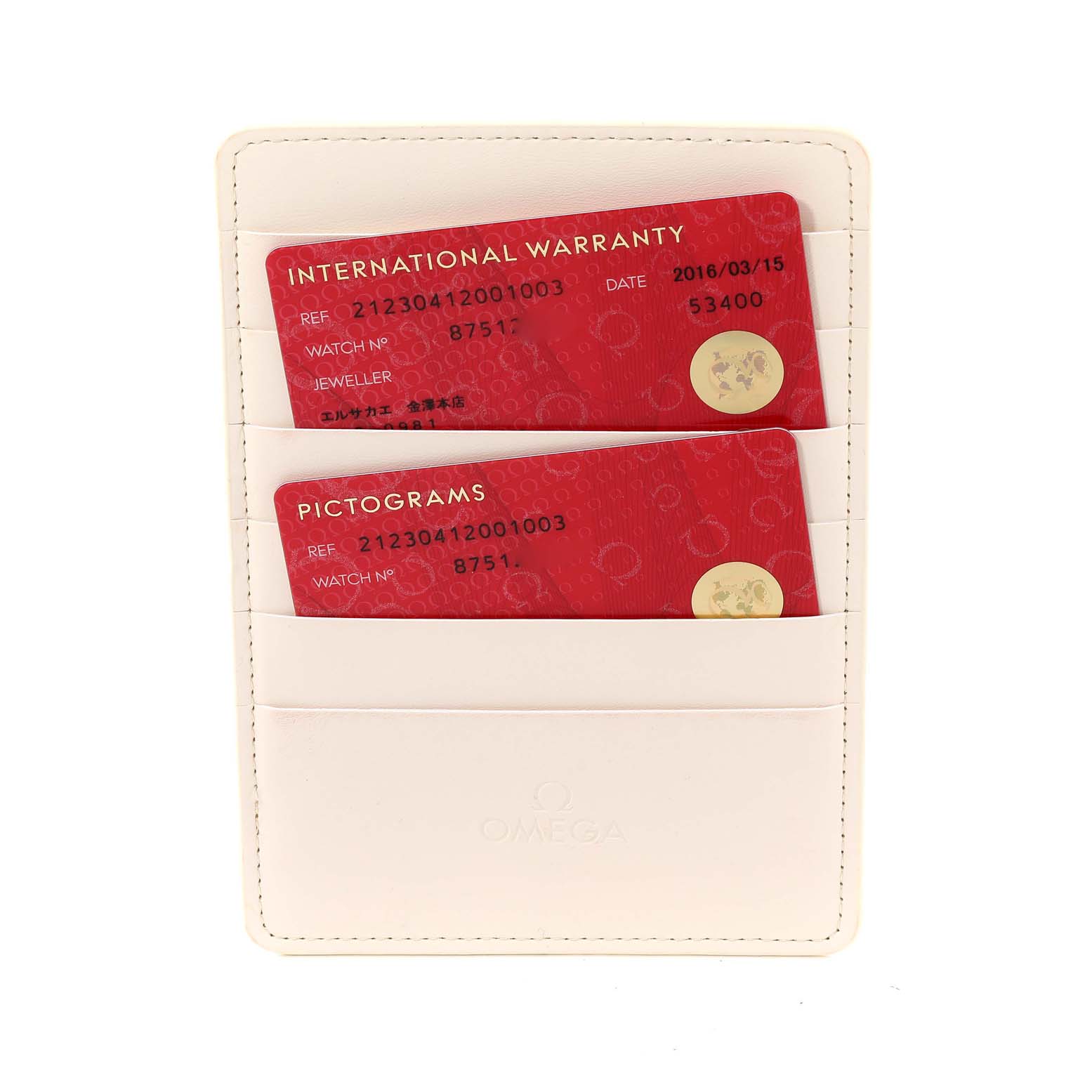 The image shows an Omega Seamaster 212.30.41.20.01.003 Men's Stainless Steel Black Dial 212.30.41.20.01.003 Men's Stainless Steel Black Dial watch's International Warranty and Pictograms cards in a white cardholder.