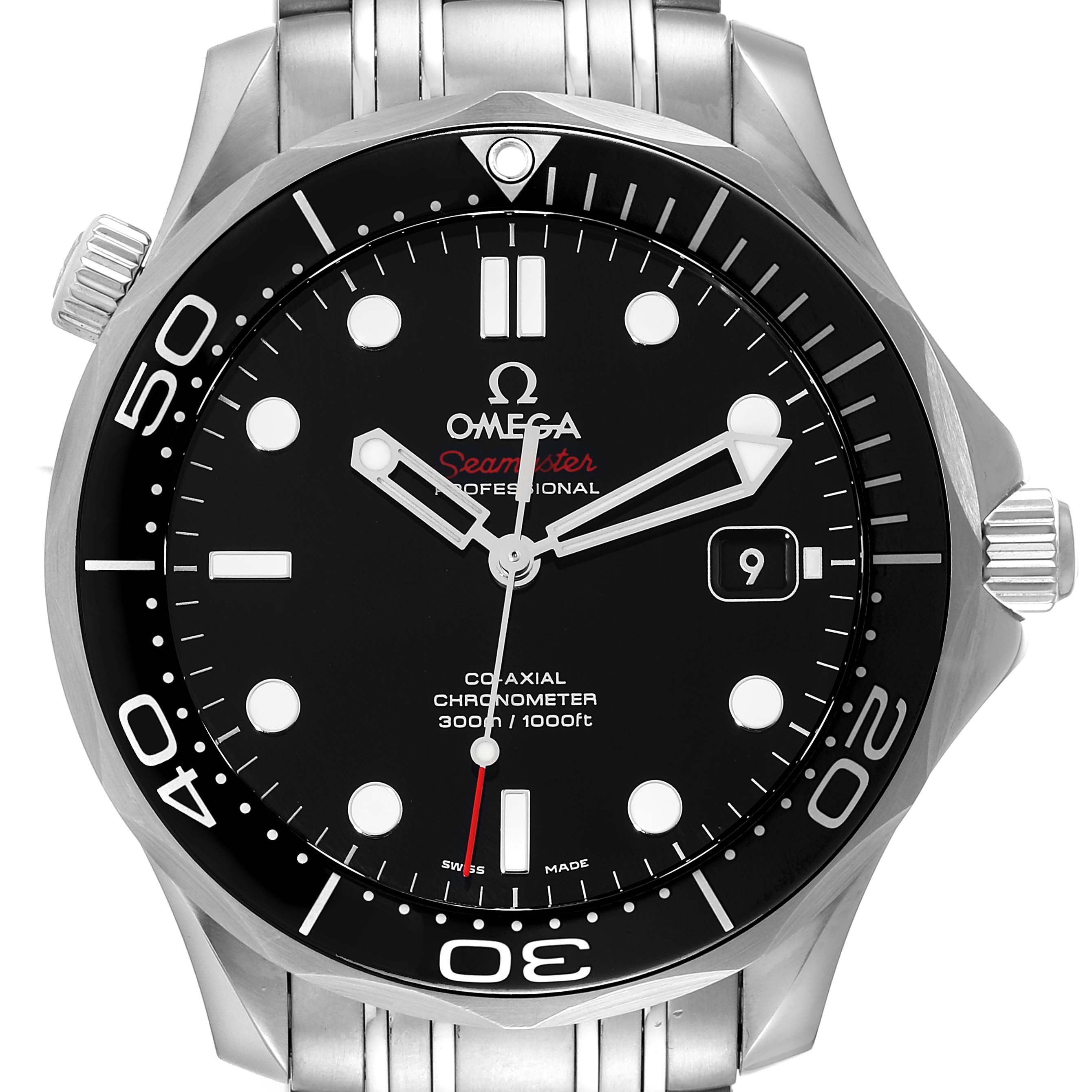The image shows a front view of the Omega Seamaster 212.30.41.20.01.003 Men's Stainless Steel Black Dial 212.30.41.20.01.003 Men's Stainless Steel Black Dial watch, highlighting its black dial and bezel, date window, and stainless steel case and bracelet.