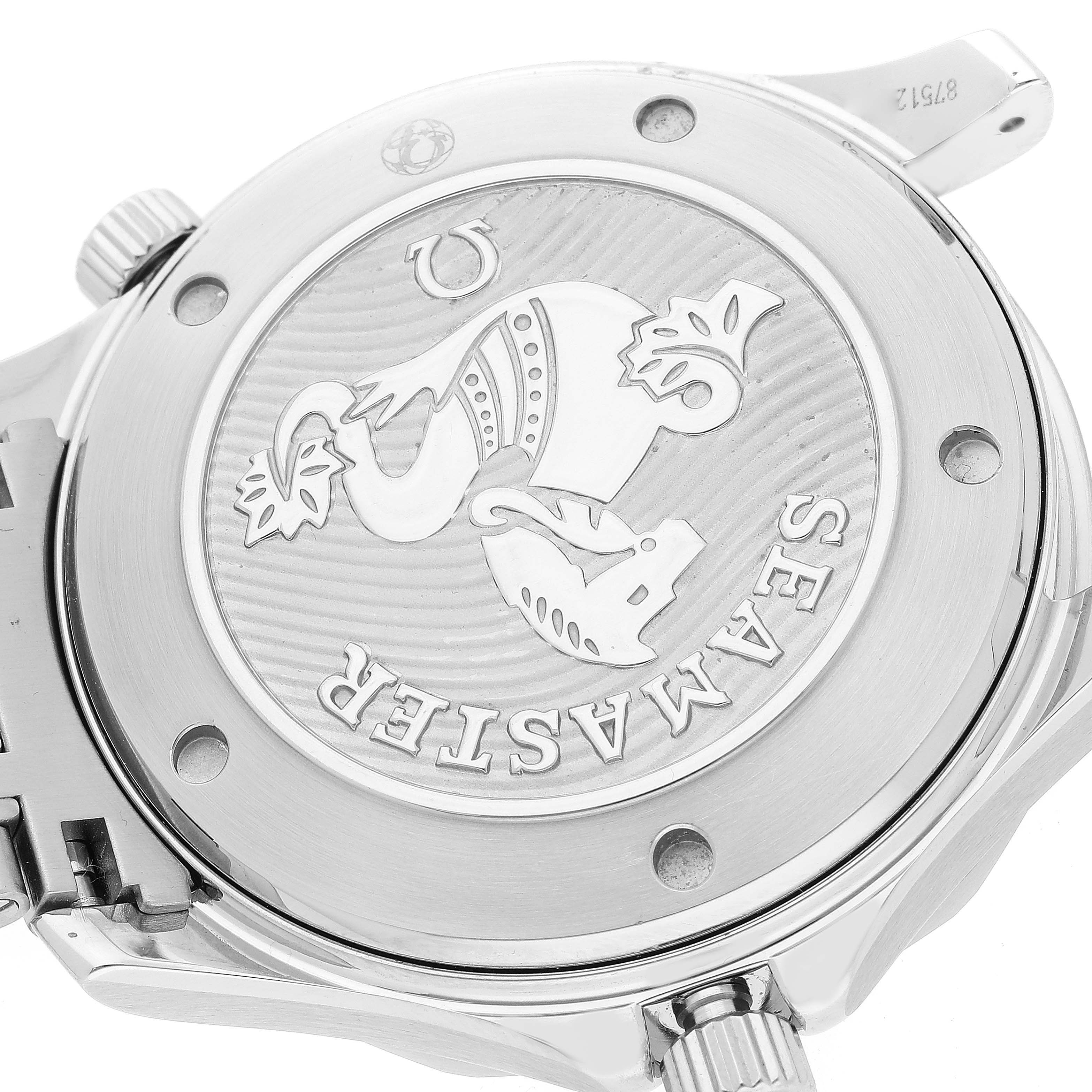 The image shows the case back of an Omega Seamaster 212.30.41.20.01.003 Men's Stainless Steel Black Dial 212.30.41.20.01.003 Men's Stainless Steel Black Dial watch, highlighting its engraved design and branding.