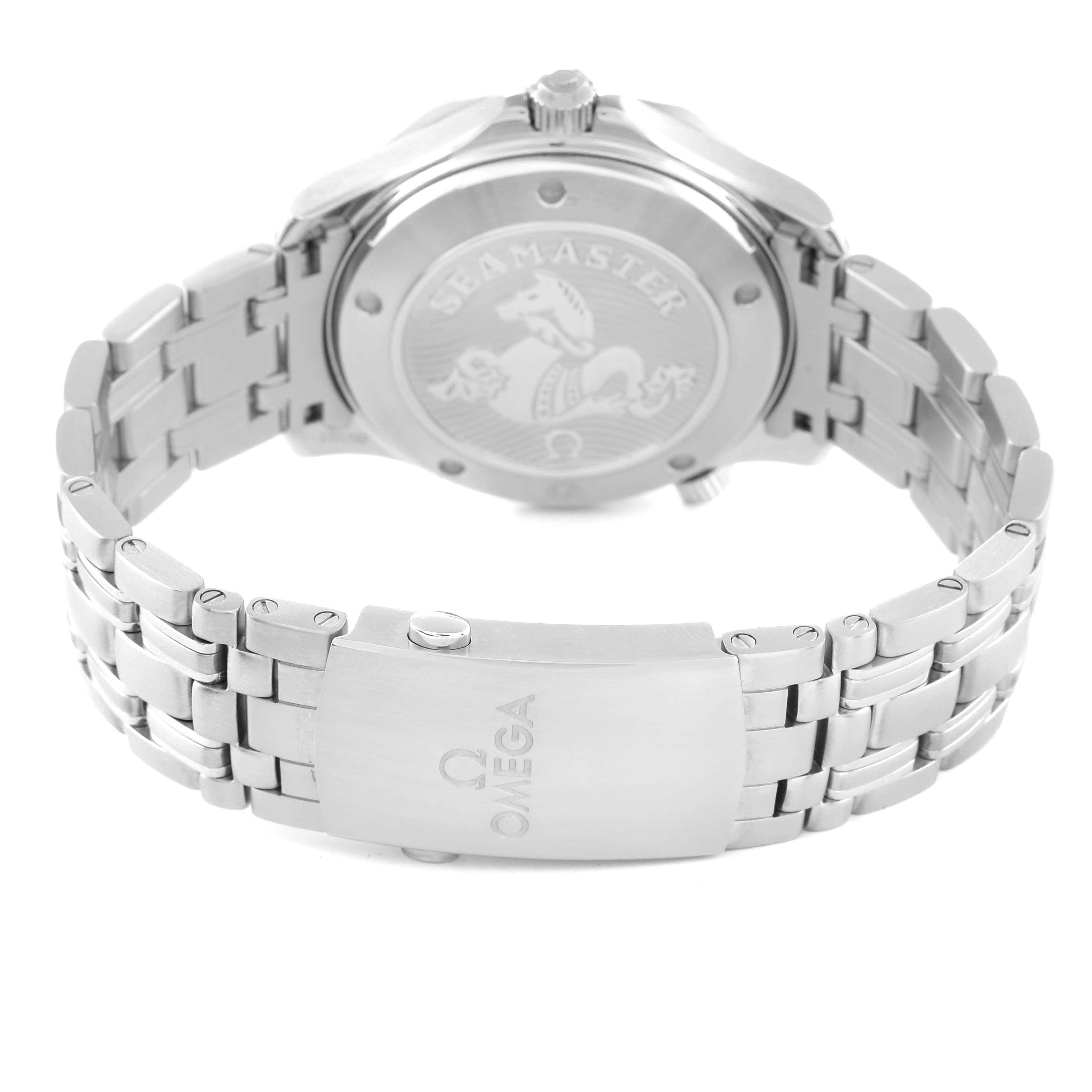 The image shows the rear view of an Omega Seamaster 212.30.41.20.01.003 Men's Stainless Steel Black Dial 212.30.41.20.01.003 Men's Stainless Steel Black Dial watch, highlighting its clasp and engraved case back.