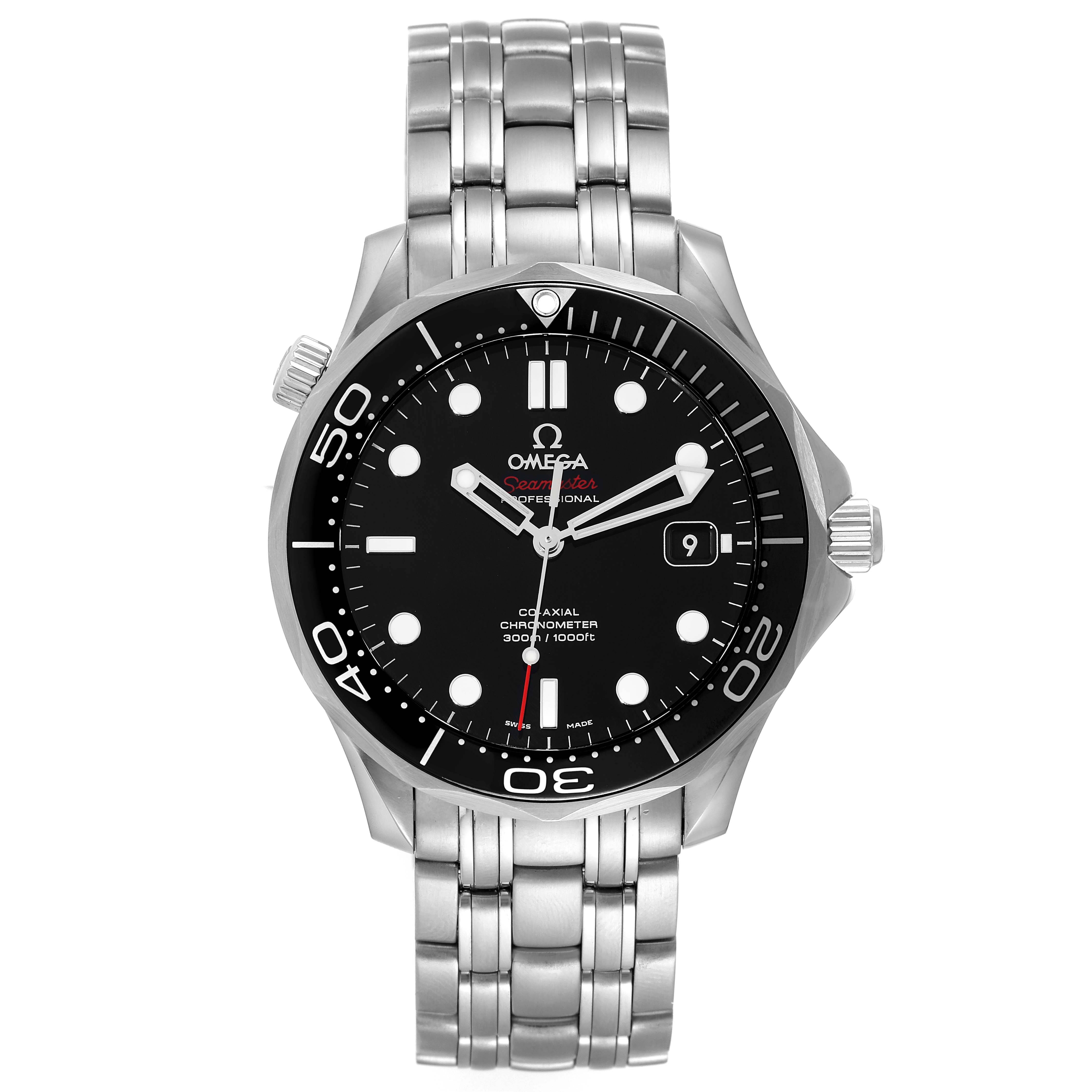 The image shows a front view of the Omega Seamaster 212.30.41.20.01.003 Men's Stainless Steel Black Dial 212.30.41.20.01.003 Men's Stainless Steel Black Dial watch, featuring its face, bezel, crown, and stainless steel bracelet.