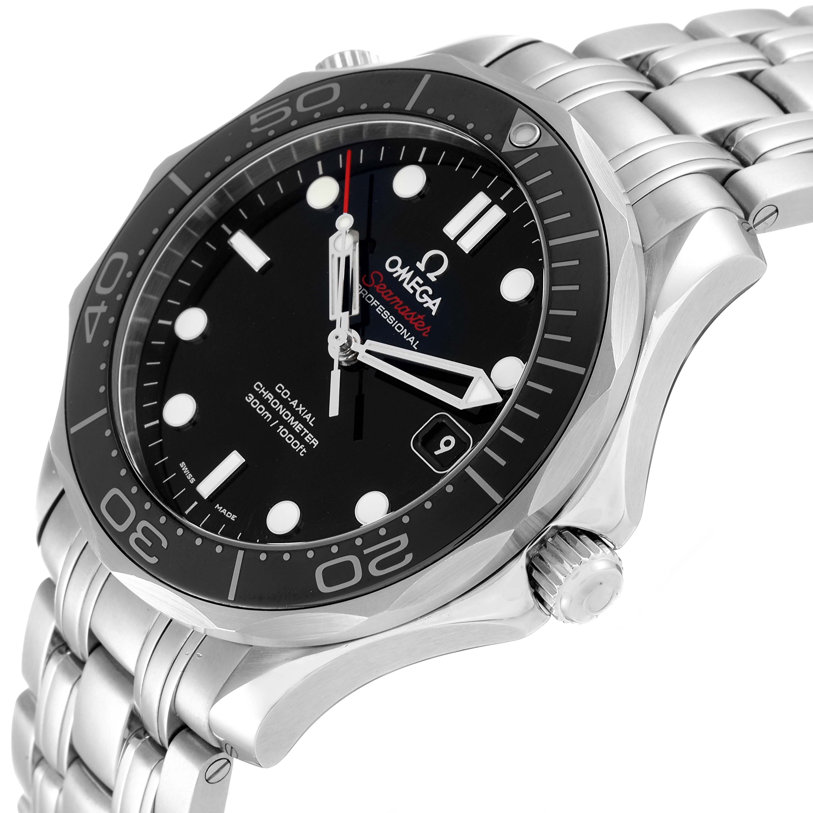 The image shows a side angle of the Omega Seamaster 212.30.41.20.01.003 Men's Stainless Steel Black Dial 212.30.41.20.01.003 Men's Stainless Steel Black Dial watch, highlighting the face, bezel, crown, and part of the bracelet.