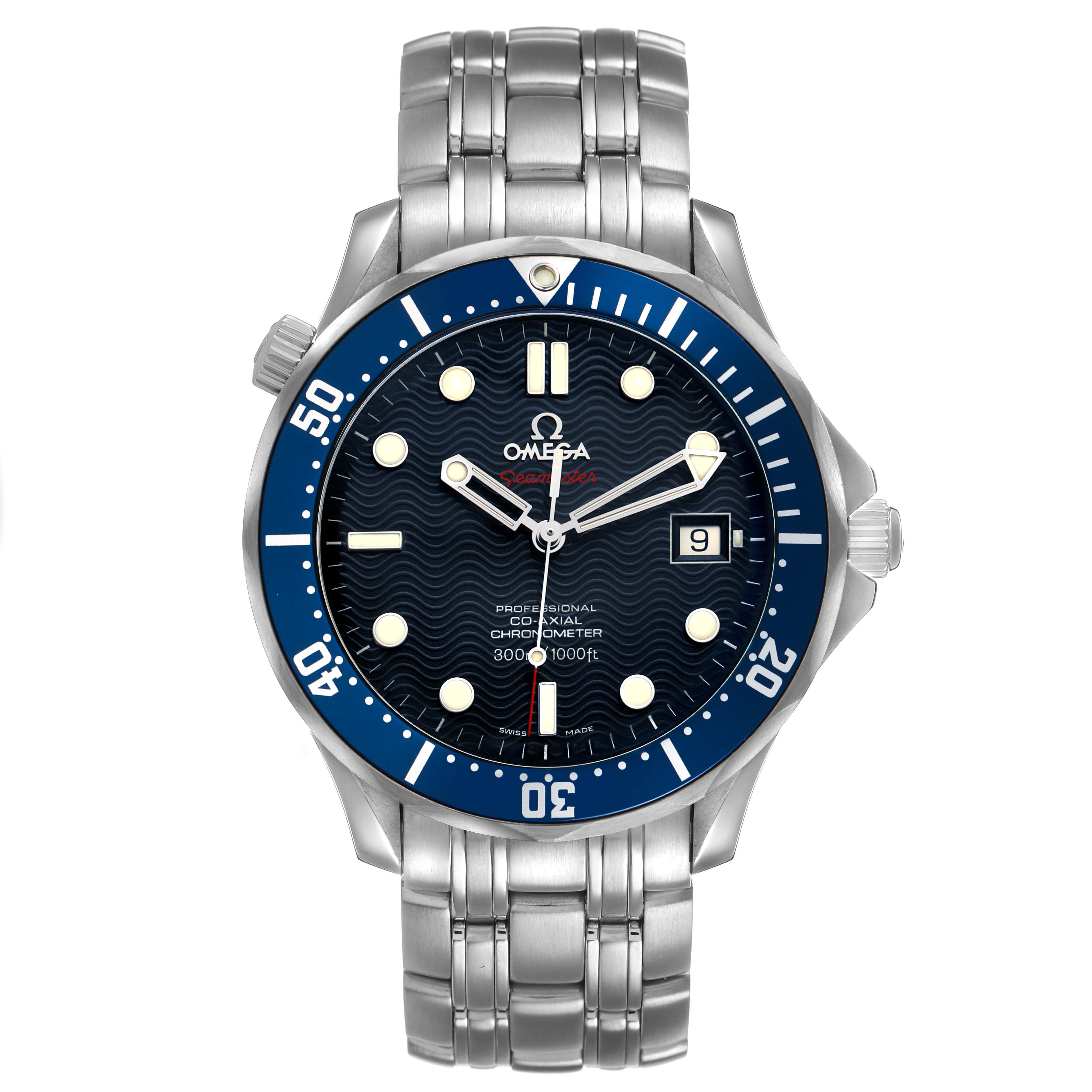 The Omega Seamaster 2220.80.00 Men's Stainless Steel Blue Dial watch is shown from a front angle, displaying the full face, bezel, and bracelet.