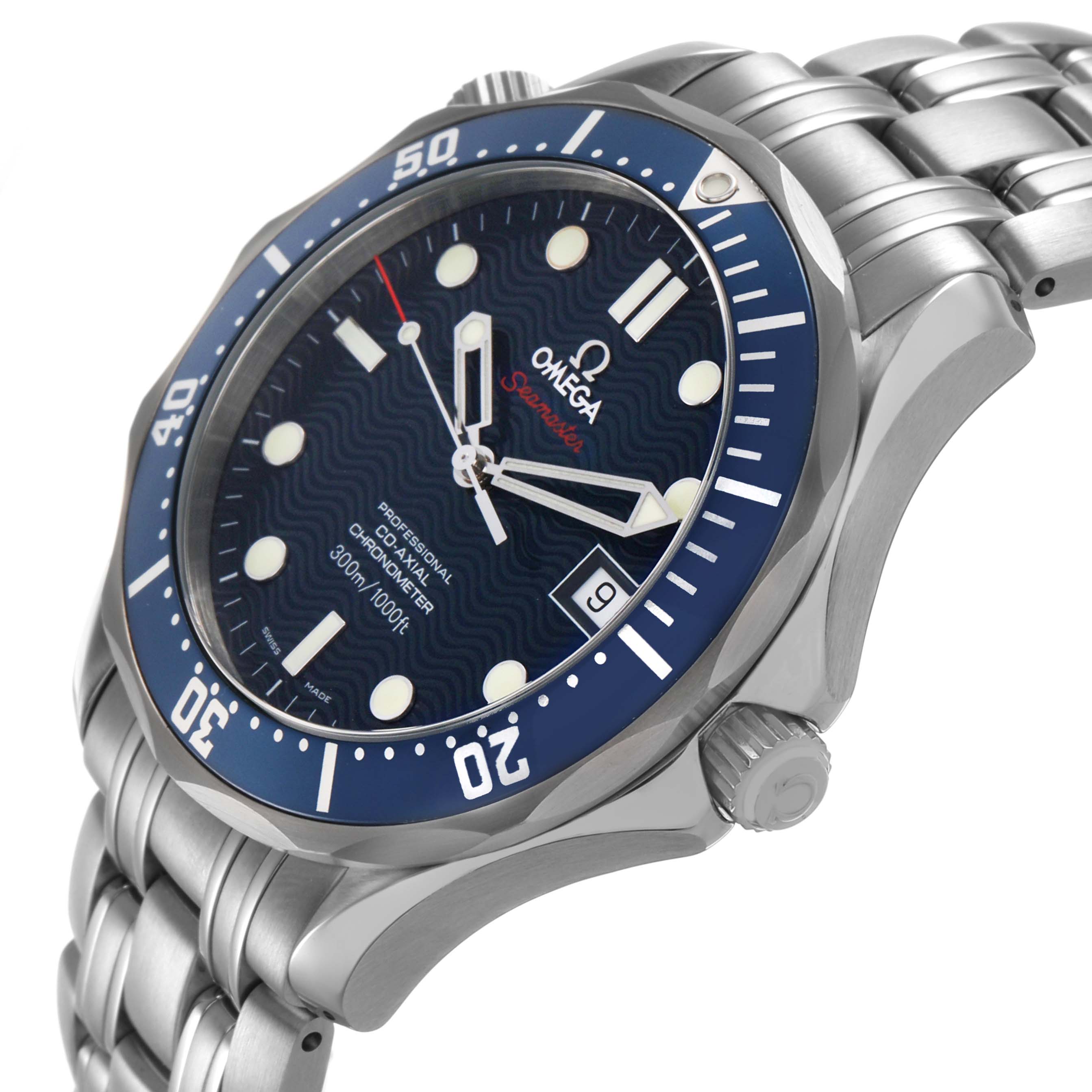 The Omega Seamaster 2220.80.00 Men's Stainless Steel Blue Dial watch is shown at an angled side view, highlighting the bezel, crown, and bracelet.