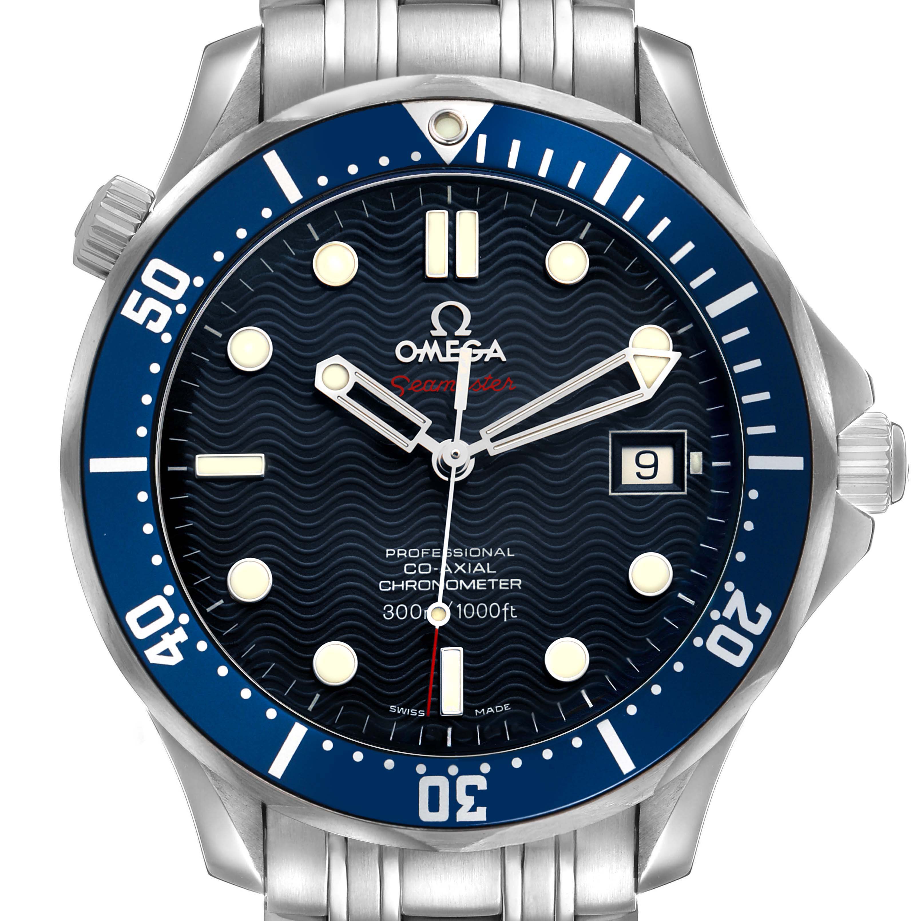 The Omega Seamaster 2220.80.00 Men's Stainless Steel Blue Dial watch is shown from a top-down angle, highlighting the dial, bezel, hands, and bracelet.