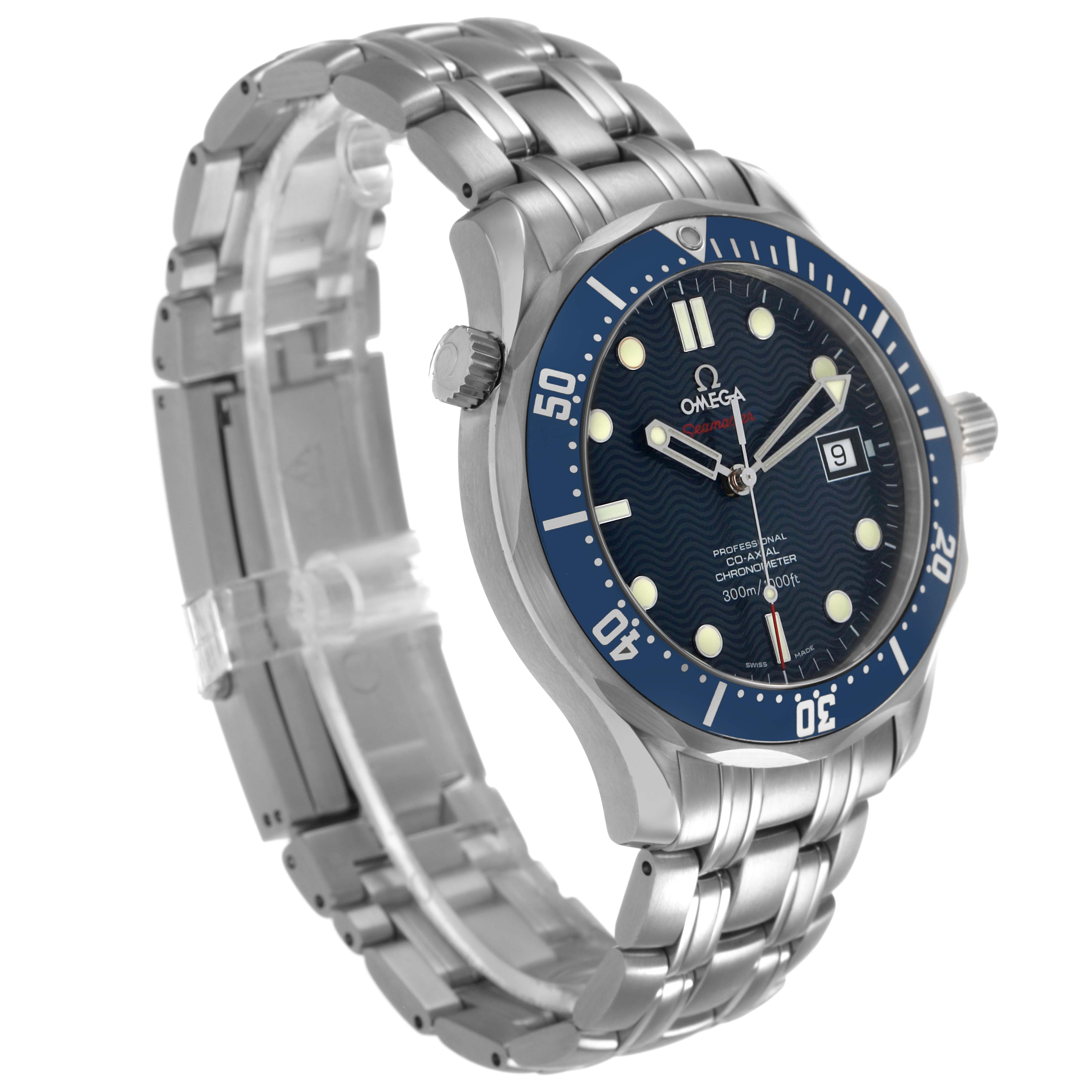 The Omega Seamaster 2220.80.00 Men's Stainless Steel Blue Dial watch is shown at a three-quarter angle, displaying its bezel, dial, hour markers, and metal bracelet.