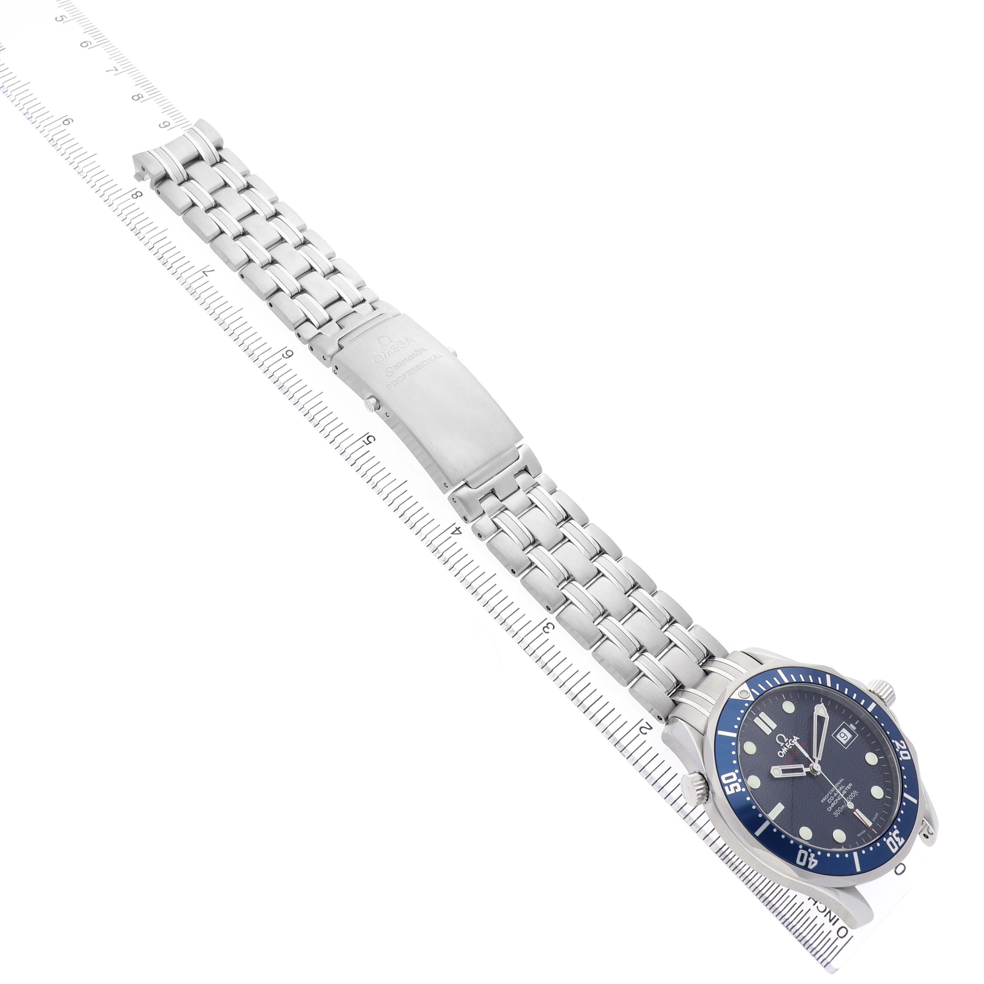 The Omega Seamaster 2220.80.00 Men's Stainless Steel Blue Dial watch is shown from an angled top view, displaying its bracelet, clasp, and dial with a blue bezel.