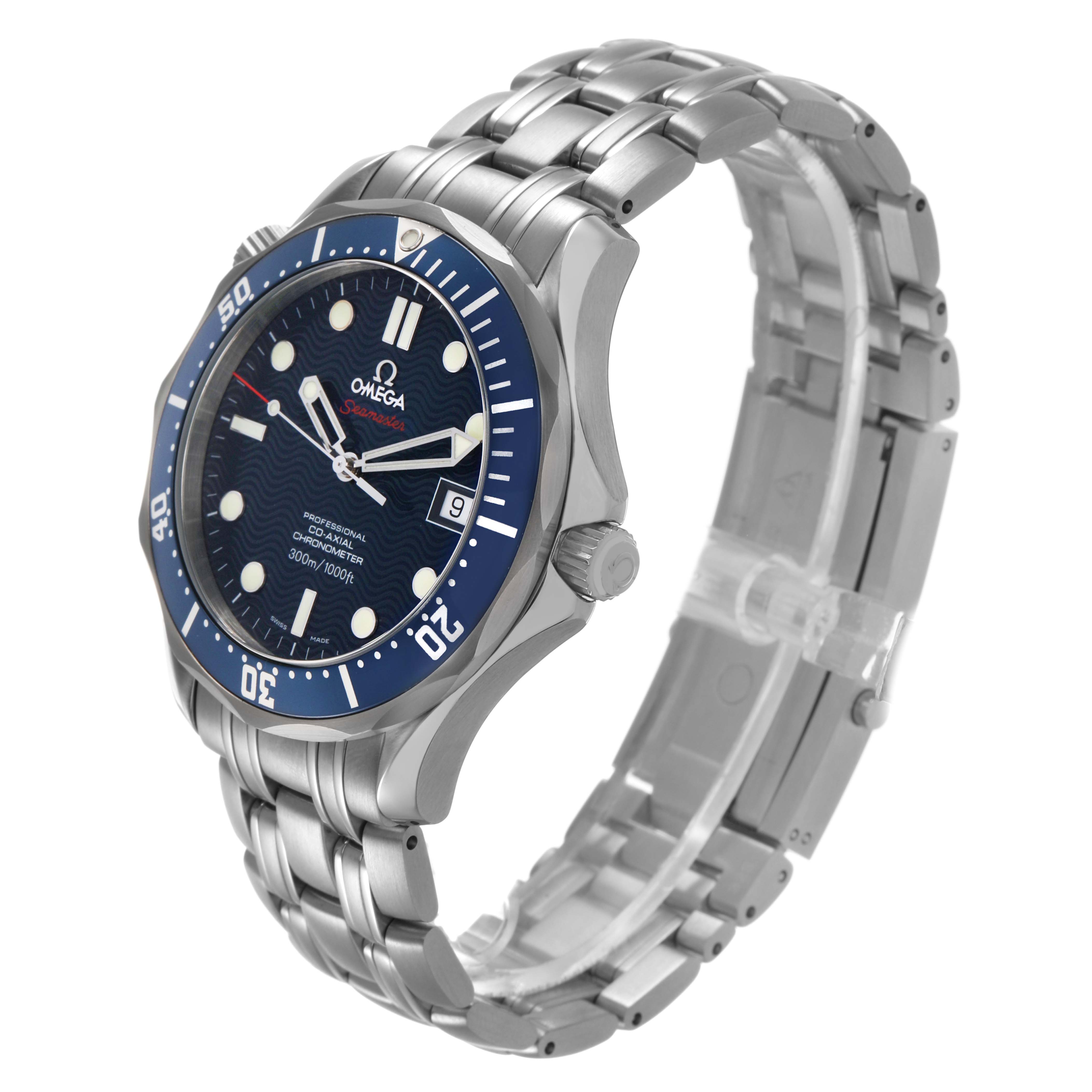 The Omega Seamaster 2220.80.00 Men's Stainless Steel Blue Dial watch is shown at an angled side view, displaying the dial, bracelet, and bezel.