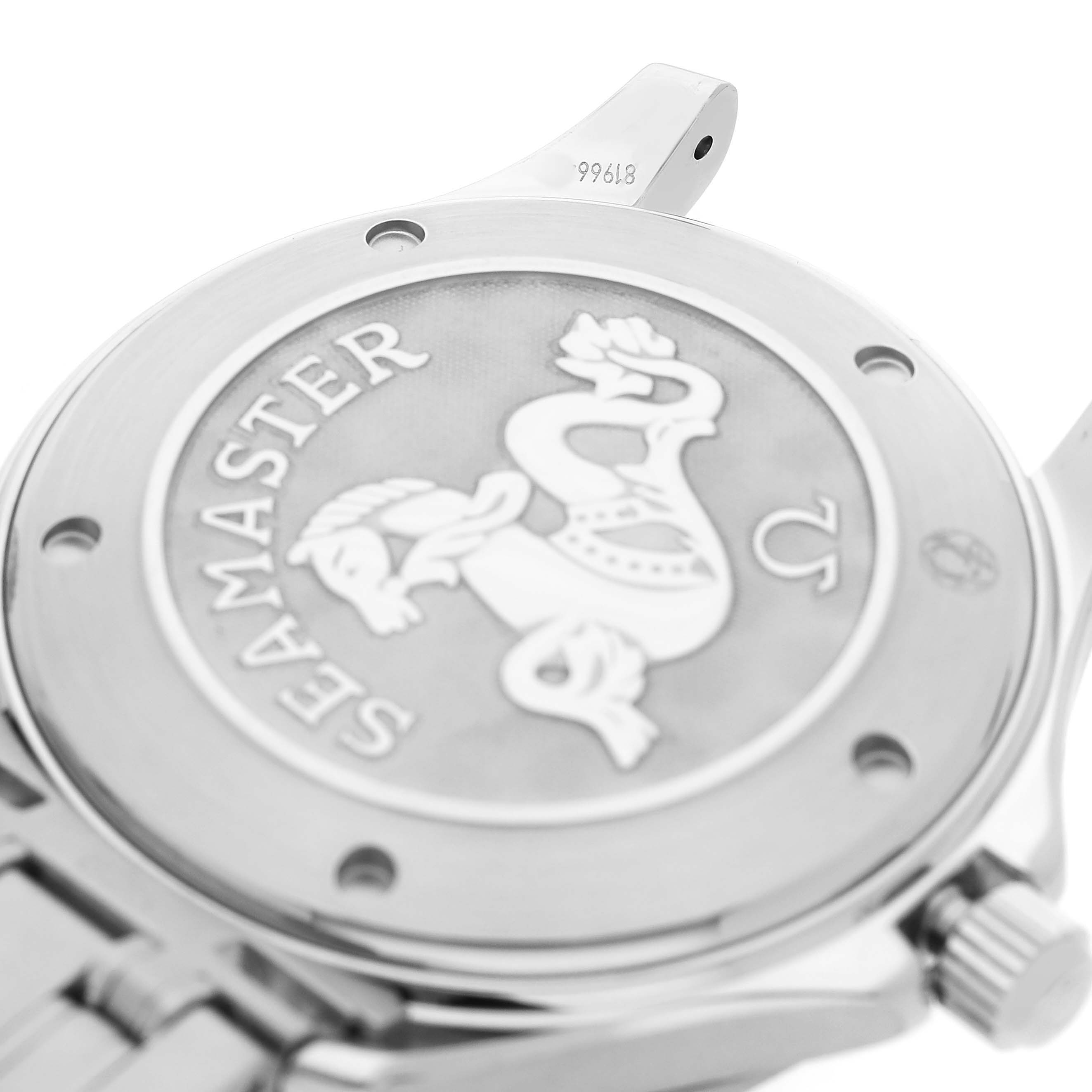 The image shows the back case of an Omega Seamaster 2220.80.00 Men's Stainless Steel Blue Dial watch, featuring the engraved logo.