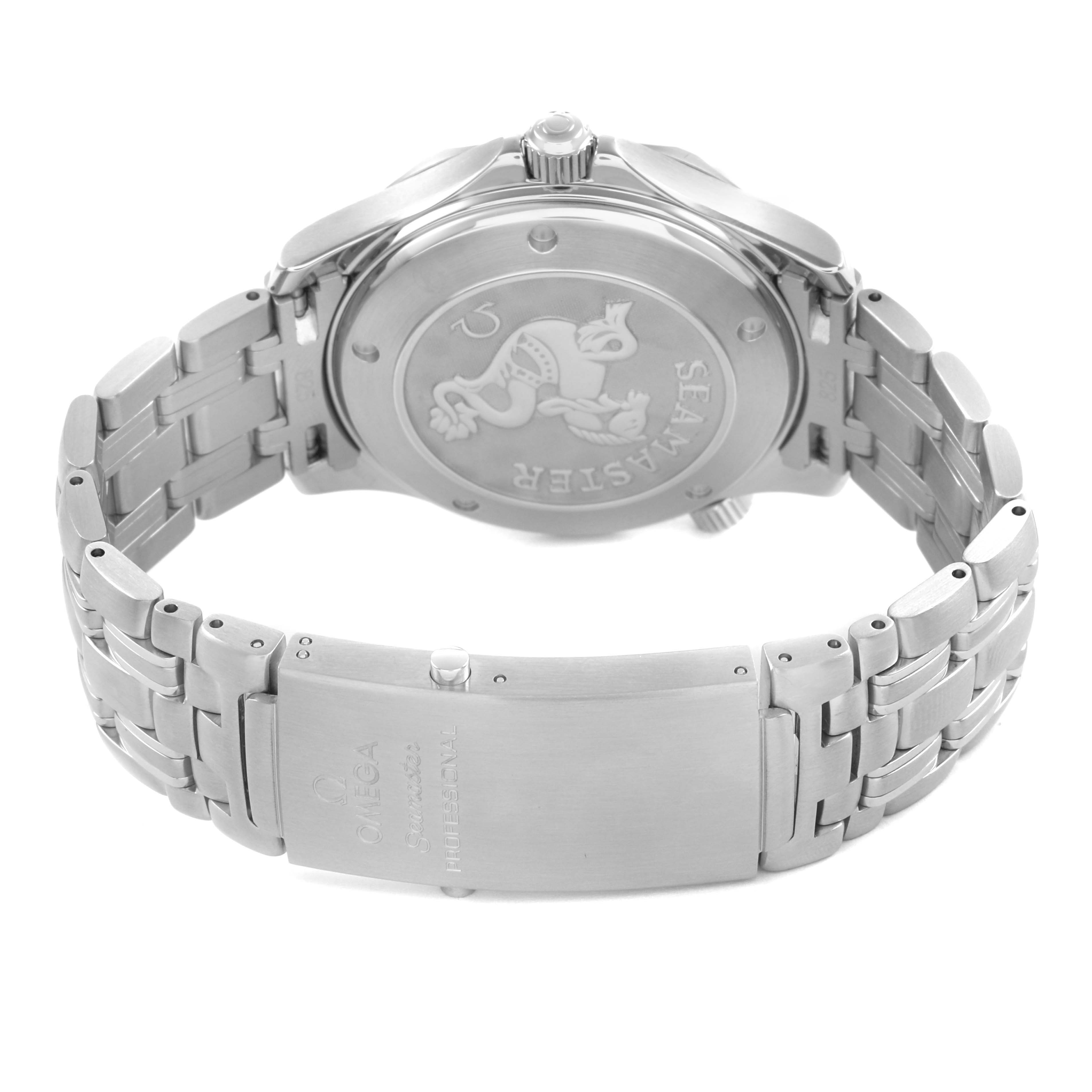 The image shows the back and bracelet clasp of the Omega Seamaster 2220.80.00 Men's Stainless Steel Blue Dial watch from a rear angle.