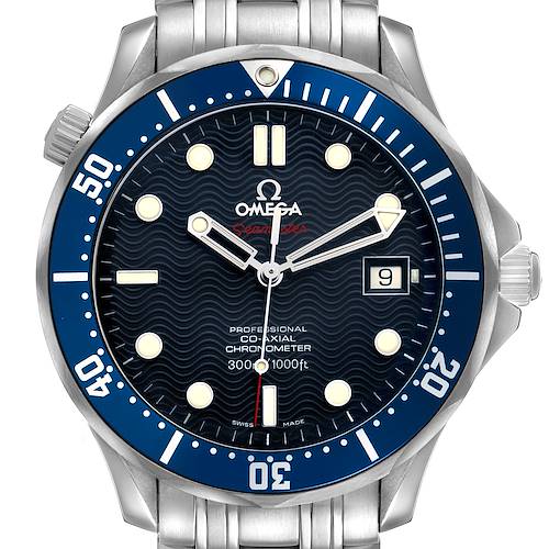 The Omega Seamaster 2220.80.00 Men's Stainless Steel Blue Dial watch is shown from a top-down angle, displaying the dial, bezel, bracelet, and crown.