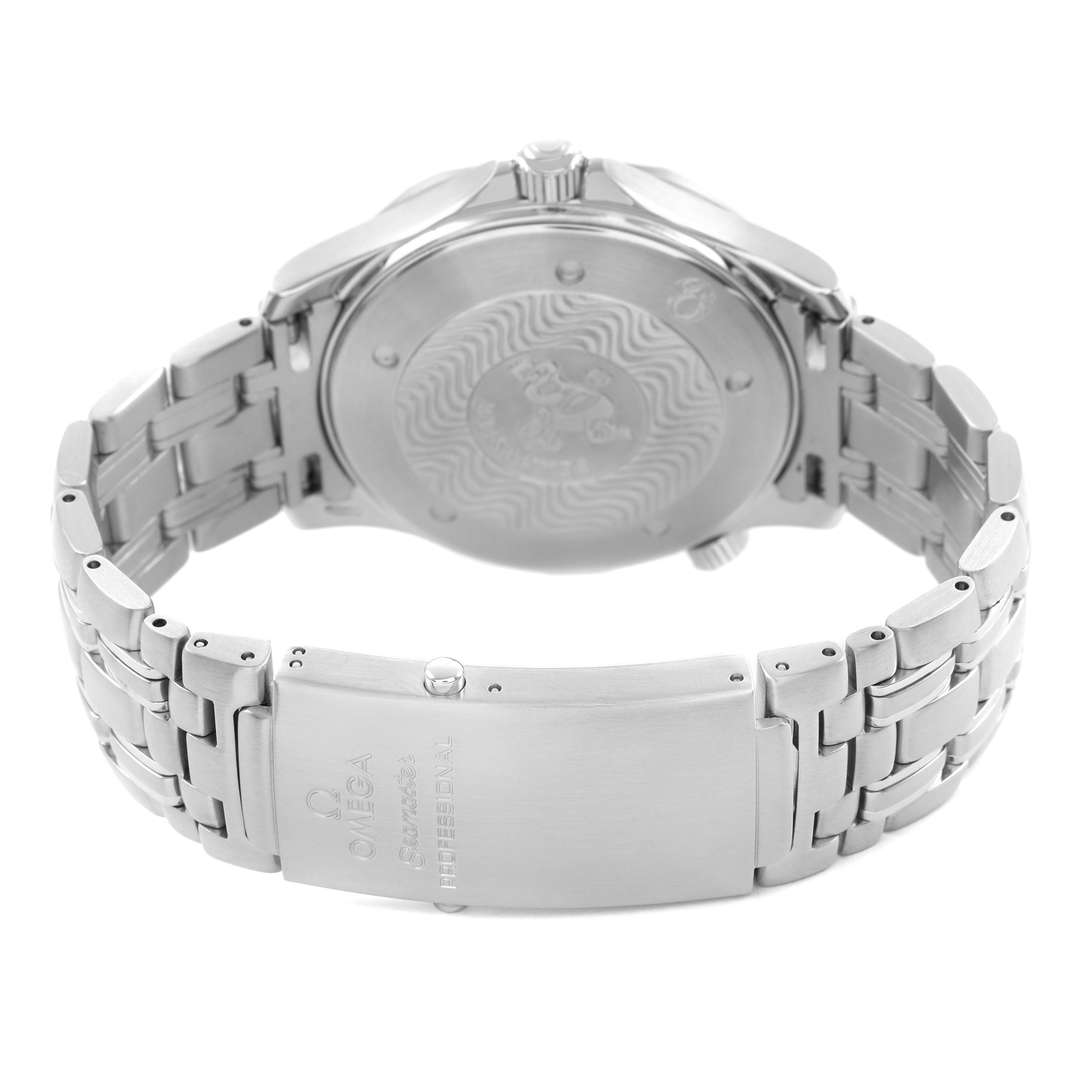 The image shows the back view of an Omega Seamaster 2541.80.00 Men's Stainless Steel Blue Dial watch, highlighting the case back and metal bracelet clasp.