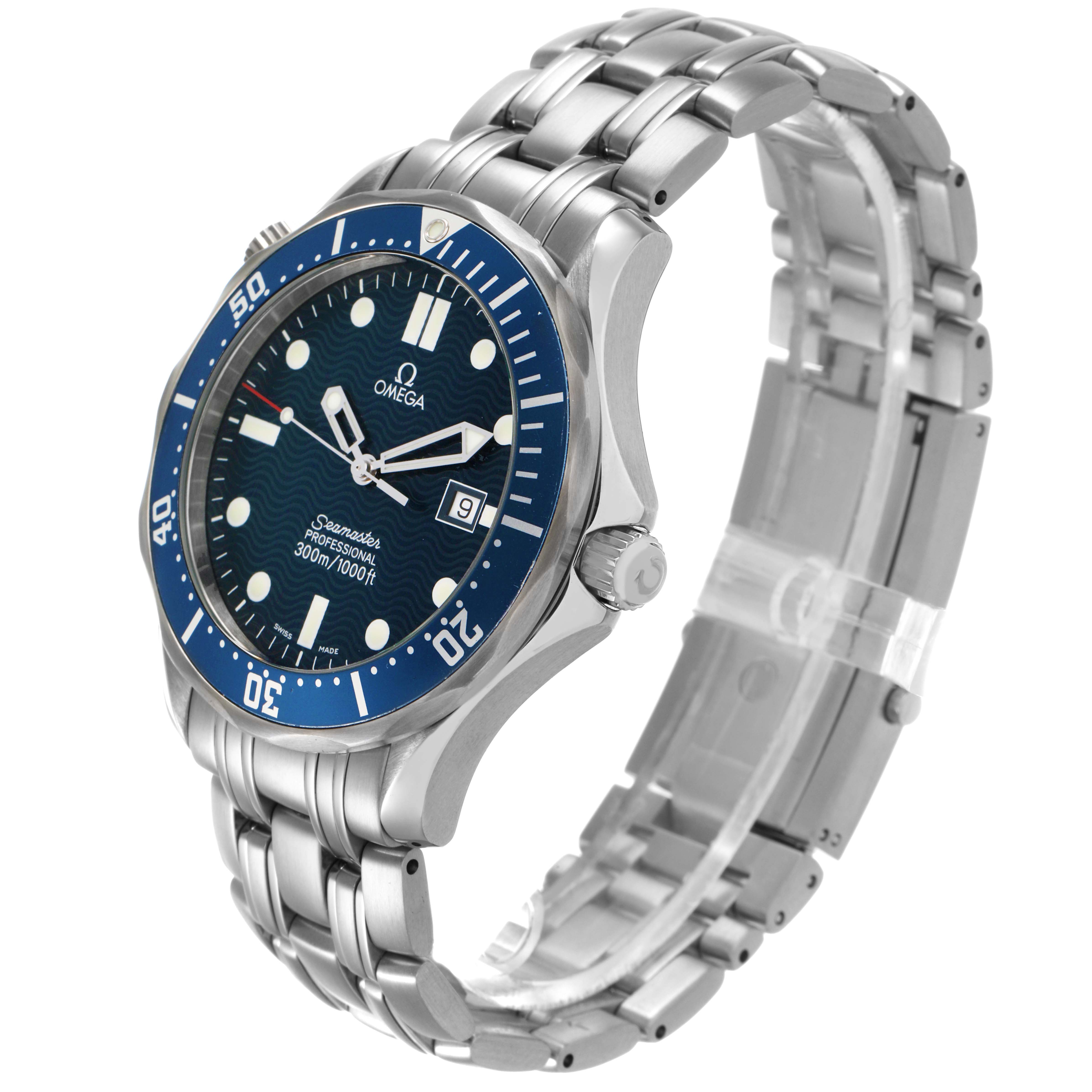 The image shows an angled side view of the Omega Seamaster 2541.80.00 Men's Stainless Steel Blue Dial watch, highlighting its blue dial, bezel, and stainless steel bracelet.