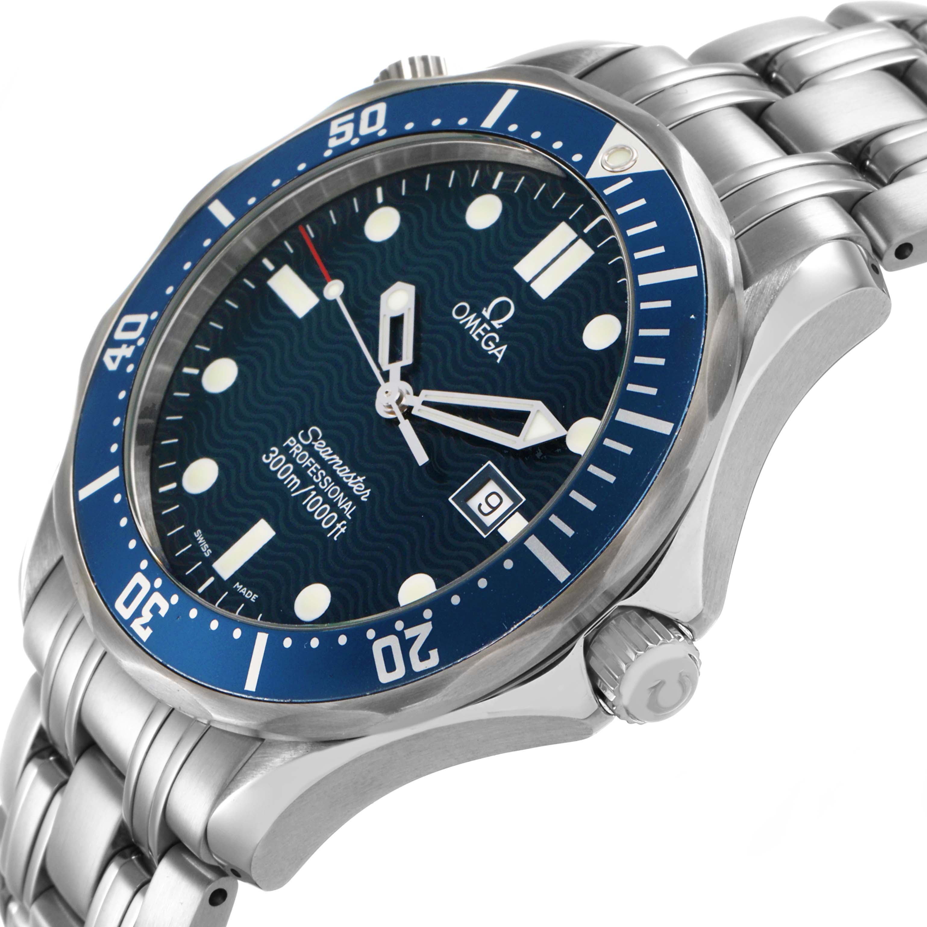 The Omega Seamaster 2541.80.00 Men's Stainless Steel Blue Dial watch is shown at a slight side angle, displaying the bezel, dial, crown, and bracelet.