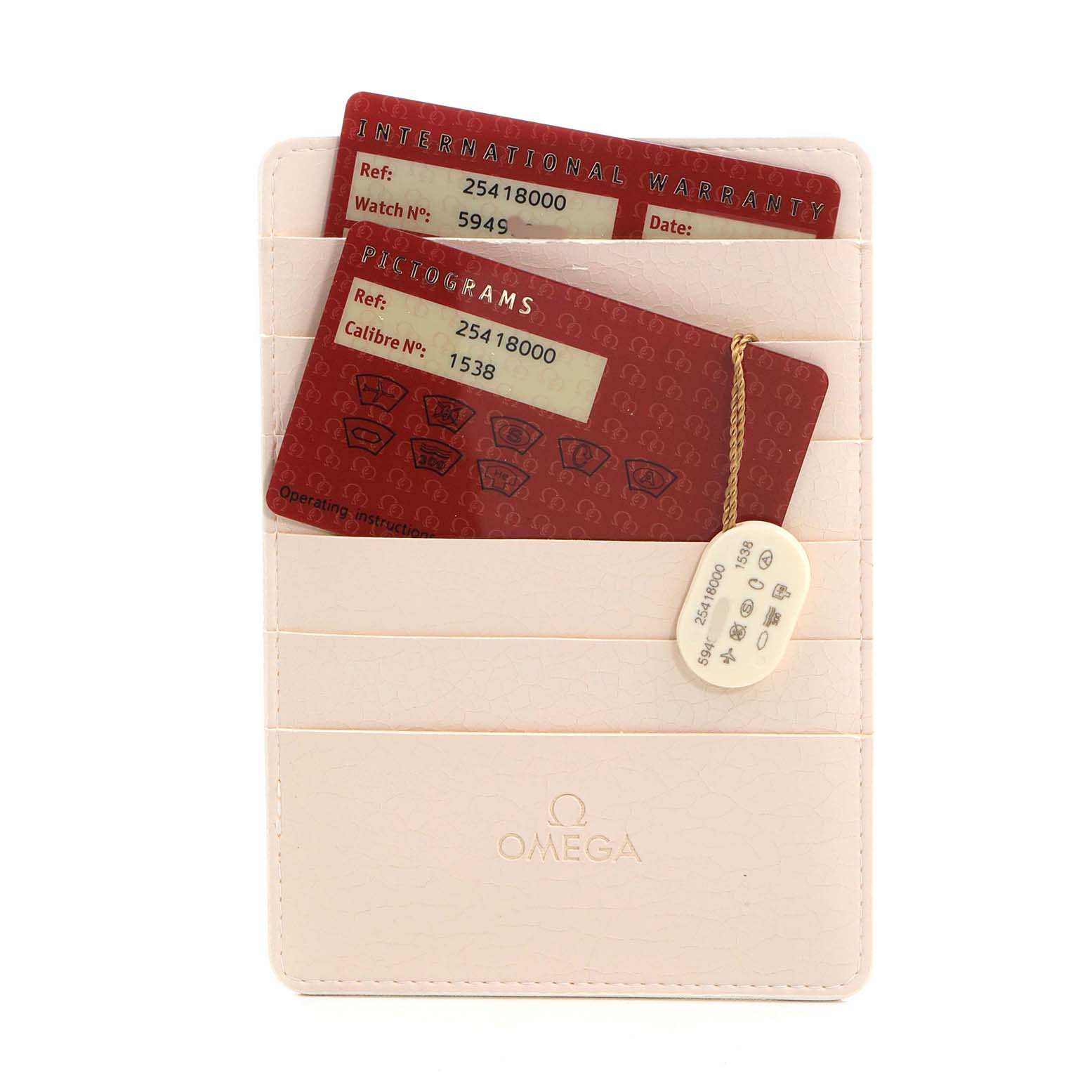 The image shows warranty cards and a tag for the Omega Seamaster 2541.80.00 Men's Stainless Steel Blue Dial model, placed in a branded cardholder.