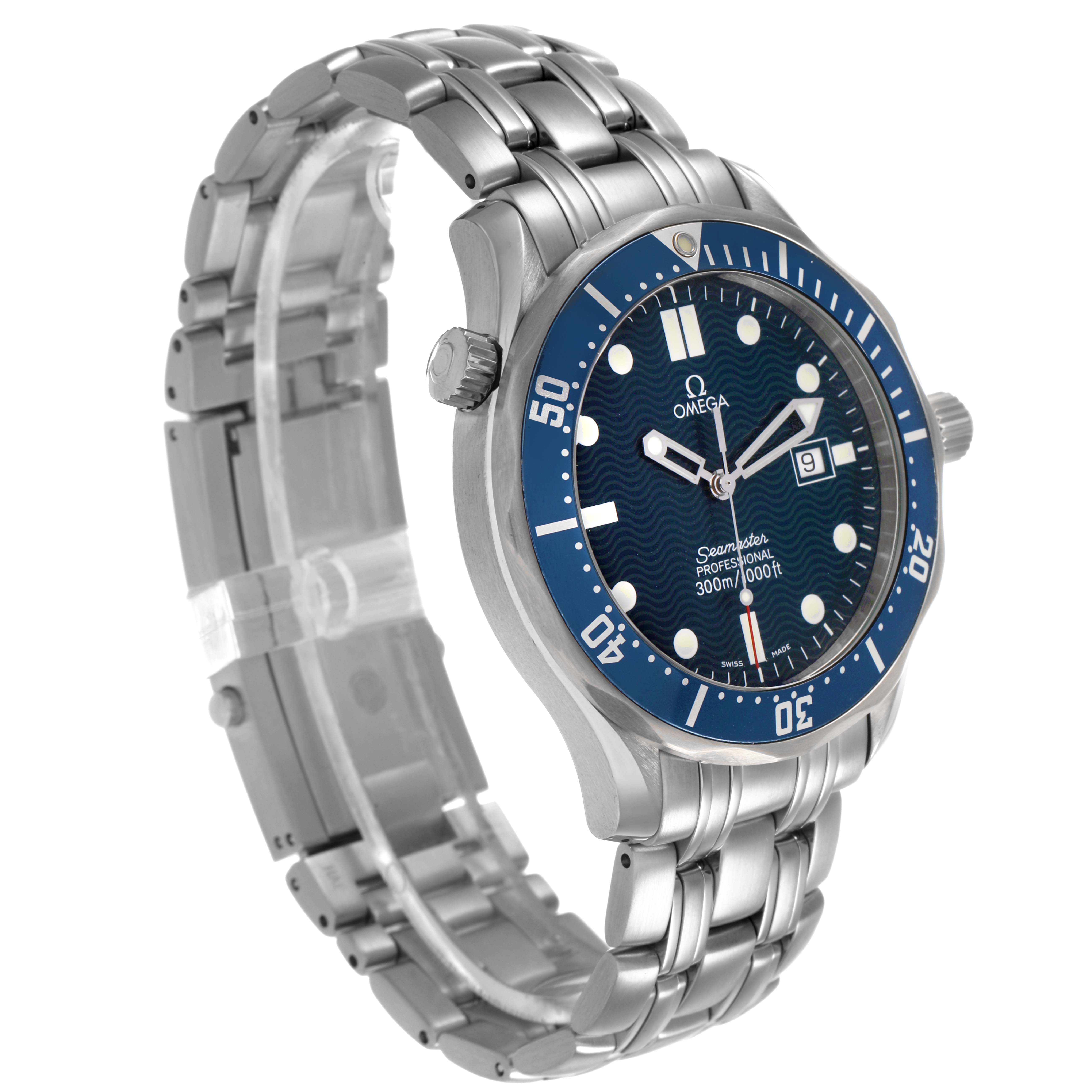 The Omega Seamaster 2541.80.00 Men's Stainless Steel Blue Dial watch is shown at an angled side view, highlighting the dial, bezel, and bracelet.