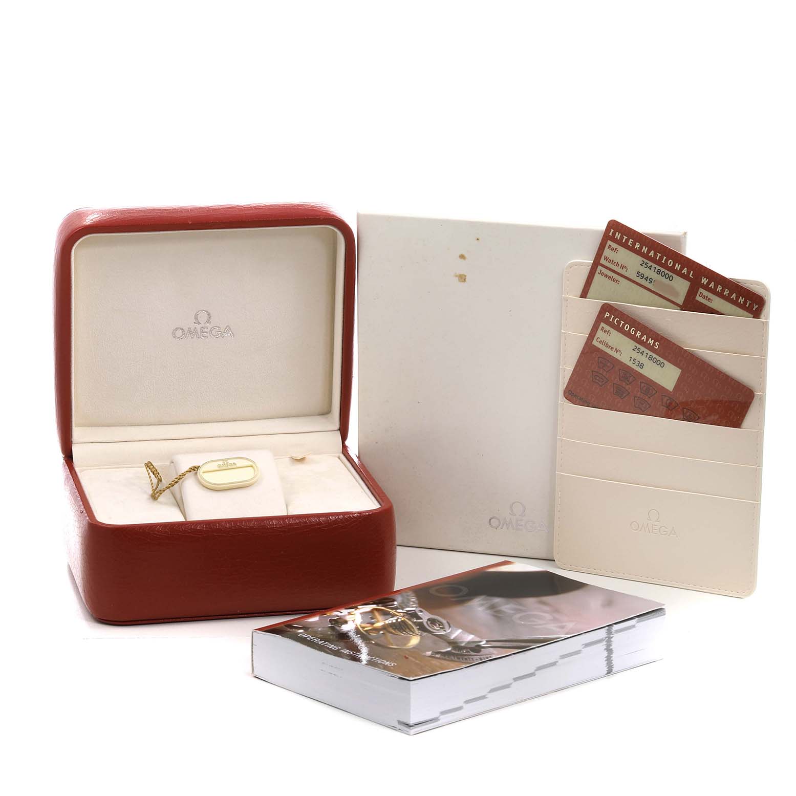The image shows the Omega Seamaster 2541.80.00 Men's Stainless Steel Blue Dial watch accessories including the box, warranty cards, and a manual.