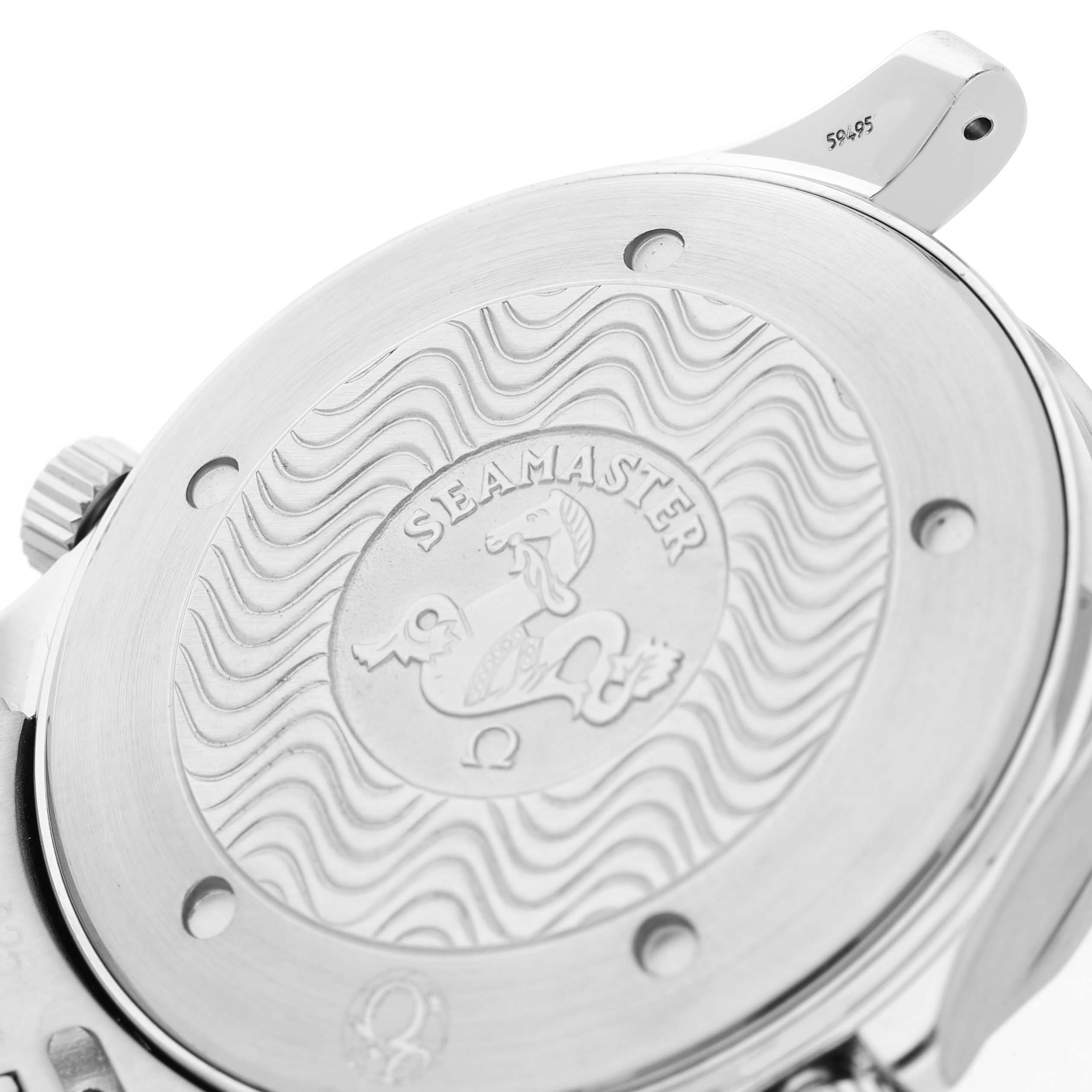 The image shows the case back of an Omega Seamaster 2541.80.00 Men's Stainless Steel Blue Dial watch, displaying its engraved design from a close-up angle.